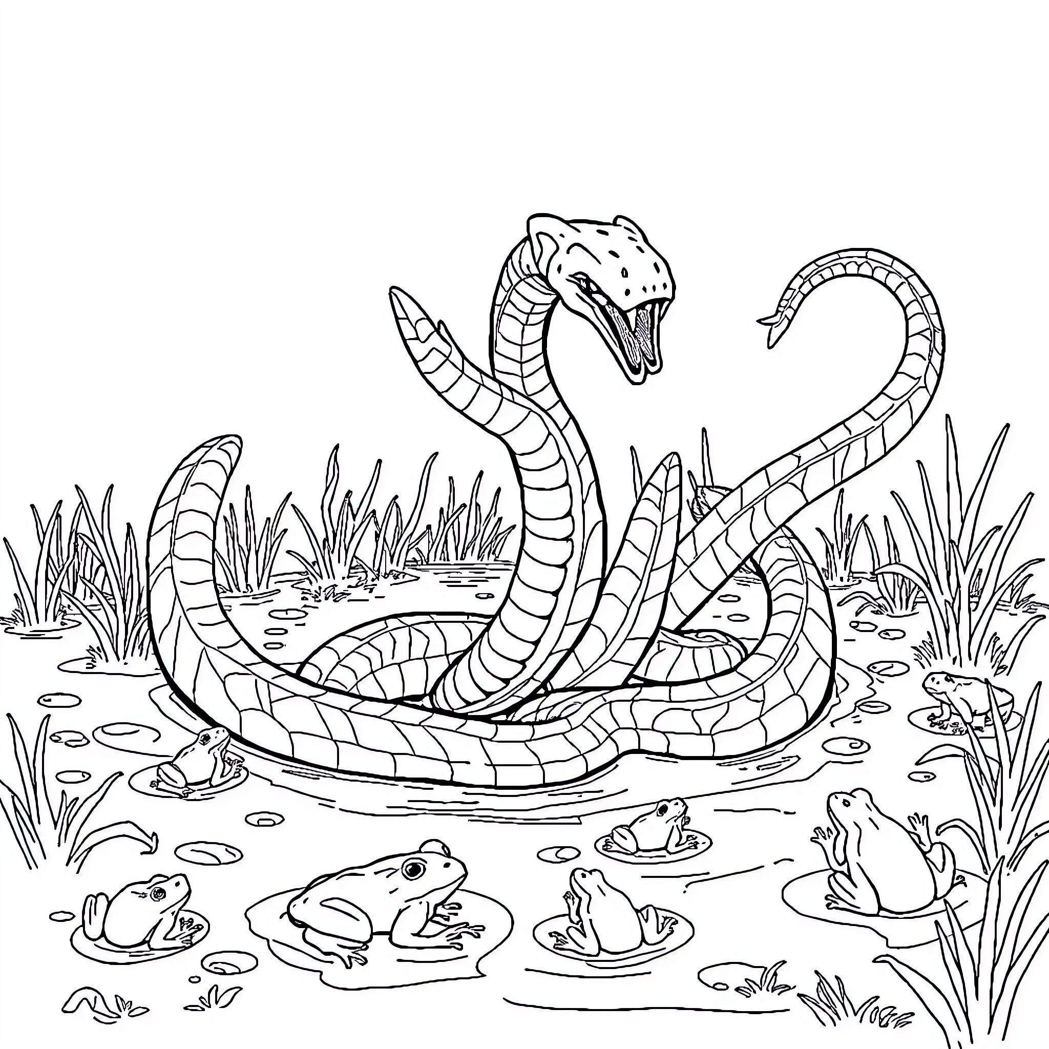 Hydra coiled in the swamp surrounded by frogs Coloring Page (free black-and-white line drawing printable PDF for all, from beginners to advanced learners, including children, teens, adults, and seniors)
