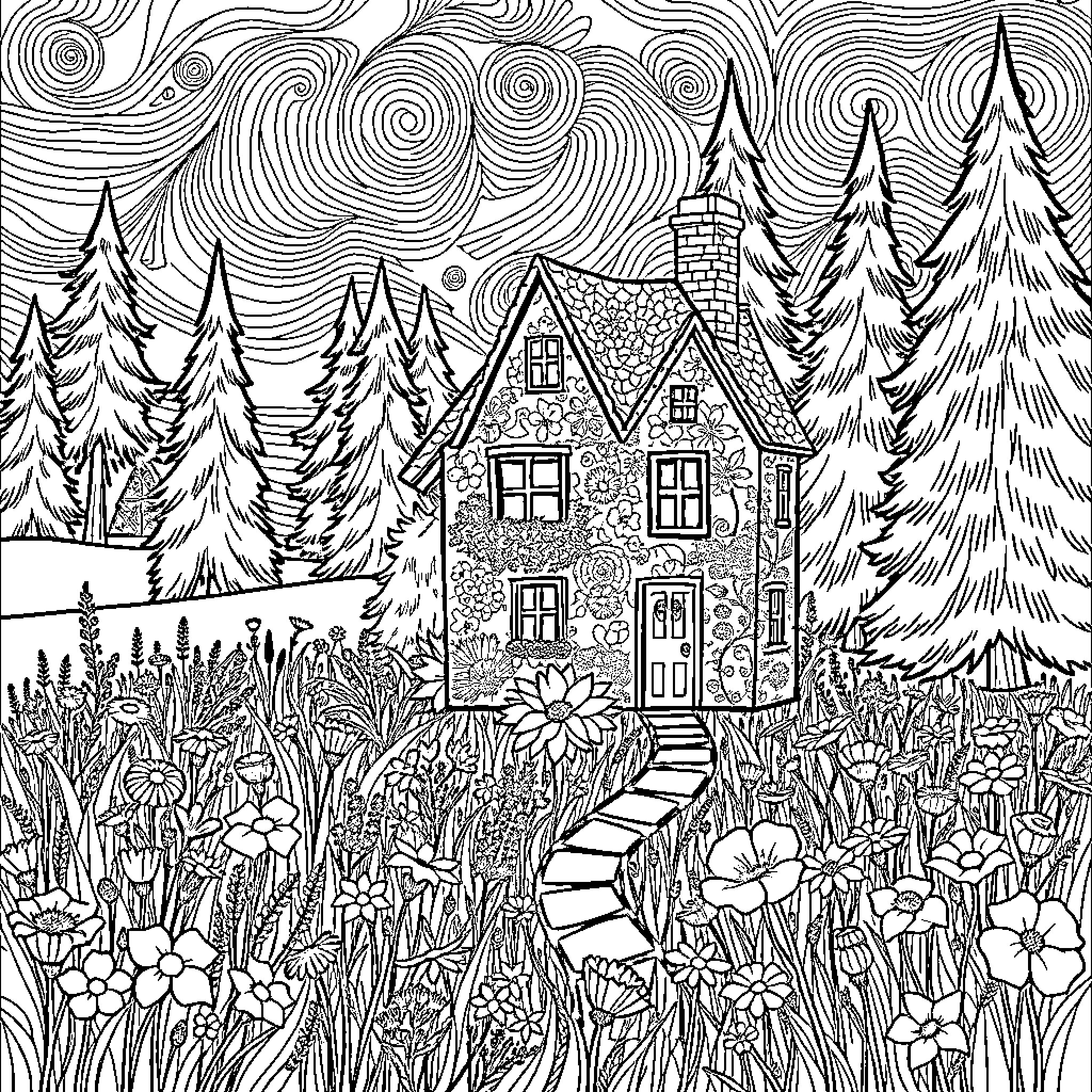 House in Enchanted Forest with Flowers and Trees Coloring Page (free black-and-white line drawing printable PDF for all, from beginners to advanced learners, including children, teens, adults, and seniors)