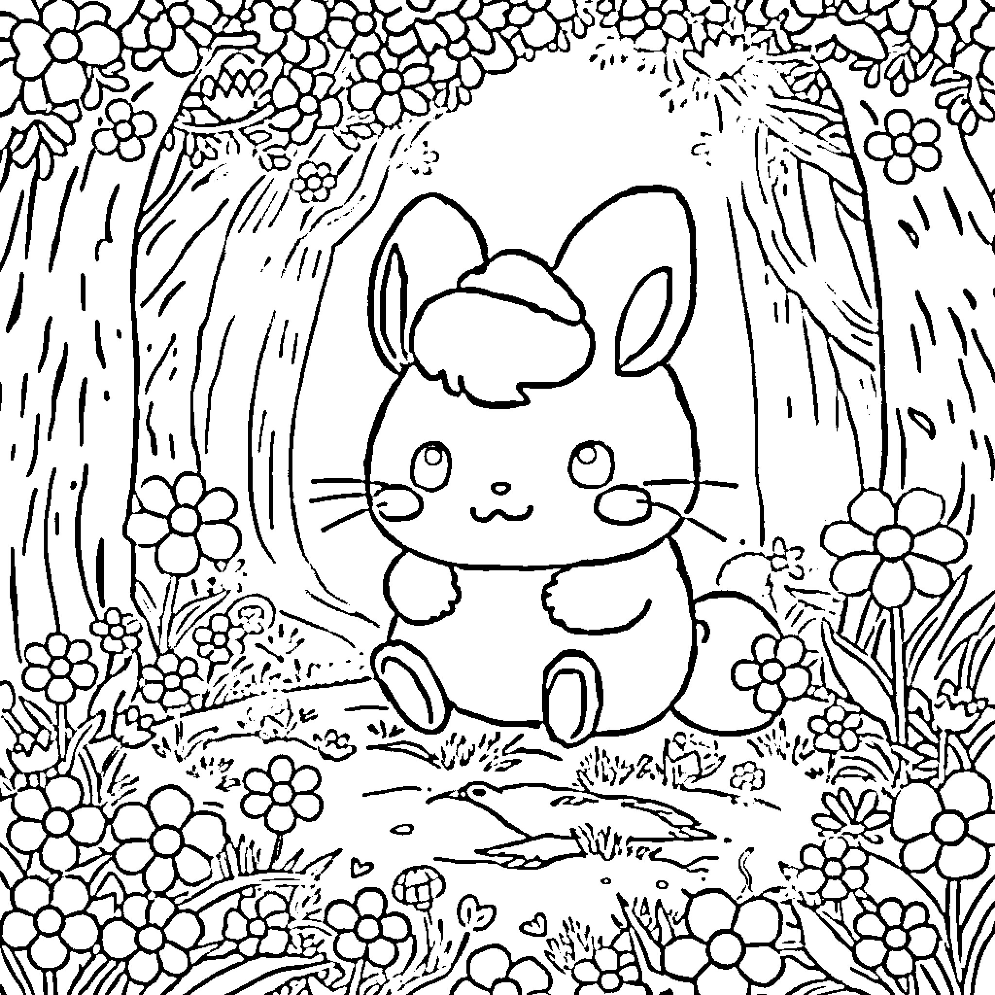Cinnamoroll exploring the floral forest Coloring Page (free black-and-white line drawing printable PDF for all, from beginners to advanced learners, including children, teens, adults, and seniors)