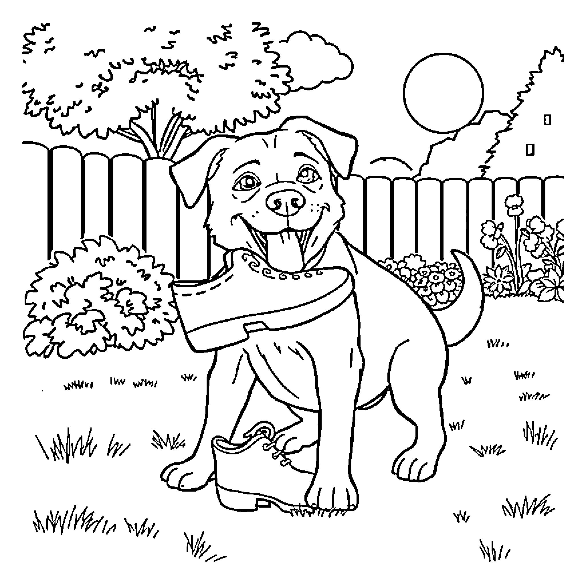 Dog cheerfully playing in the backyard Coloring Page (free black-and-white line drawing printable PDF for all, from beginners to advanced learners, including children, teens, adults, and seniors)