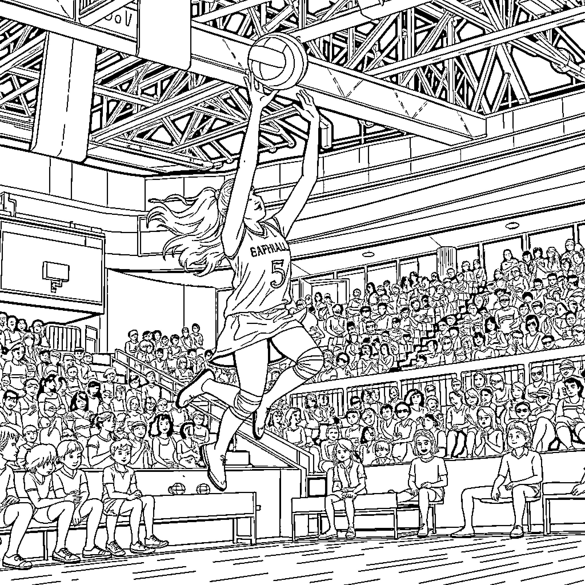 Flamingo athlete dunking basketball in crowded court Coloring Page (free black-and-white line drawing printable PDF for all, from beginners to advanced learners, including children, teens, adults, and seniors)