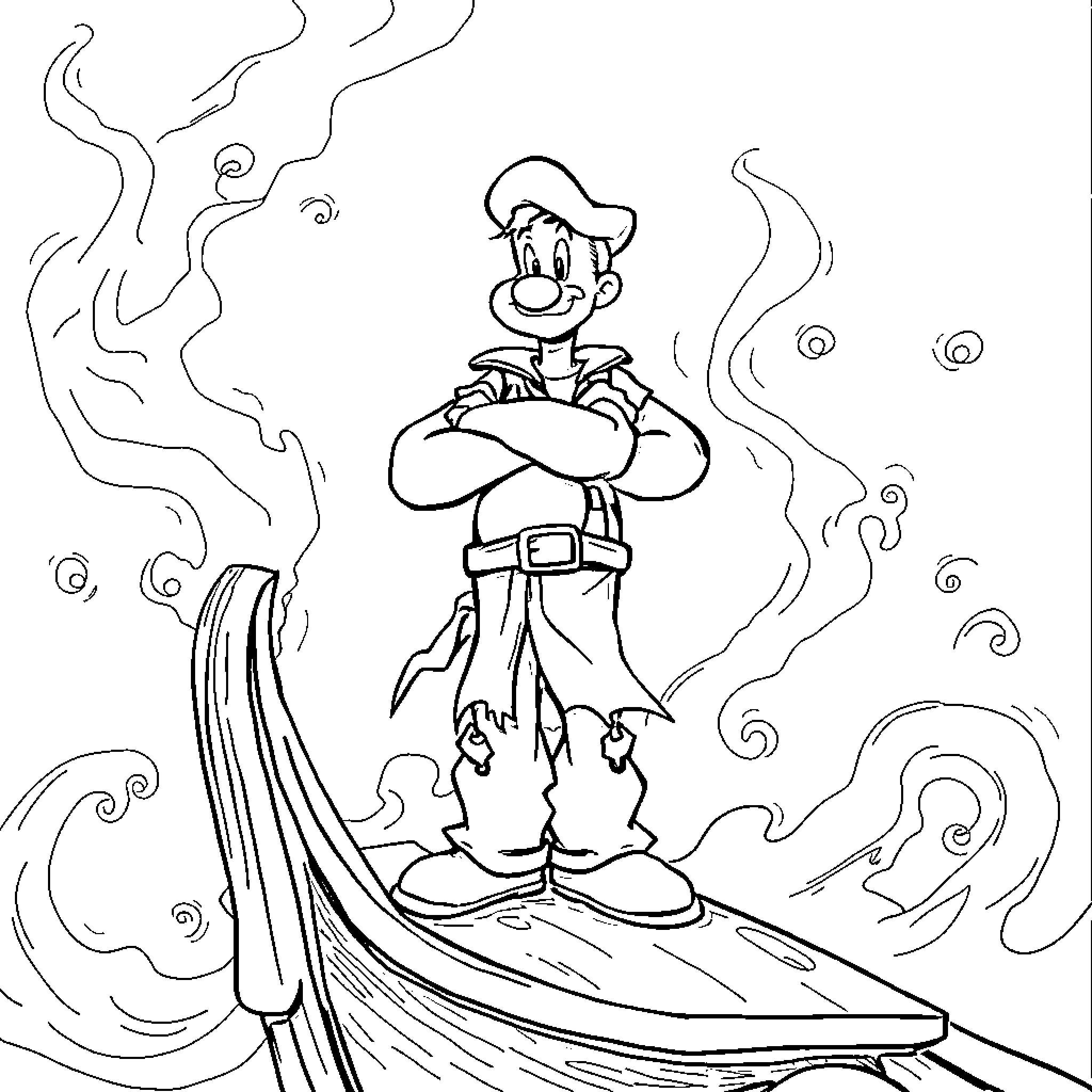 Popeye's Whirlwind Adventure Coloring Page (free black-and-white line drawing printable PDF for all, from beginners to advanced learners, including children, teens, adults, and seniors)