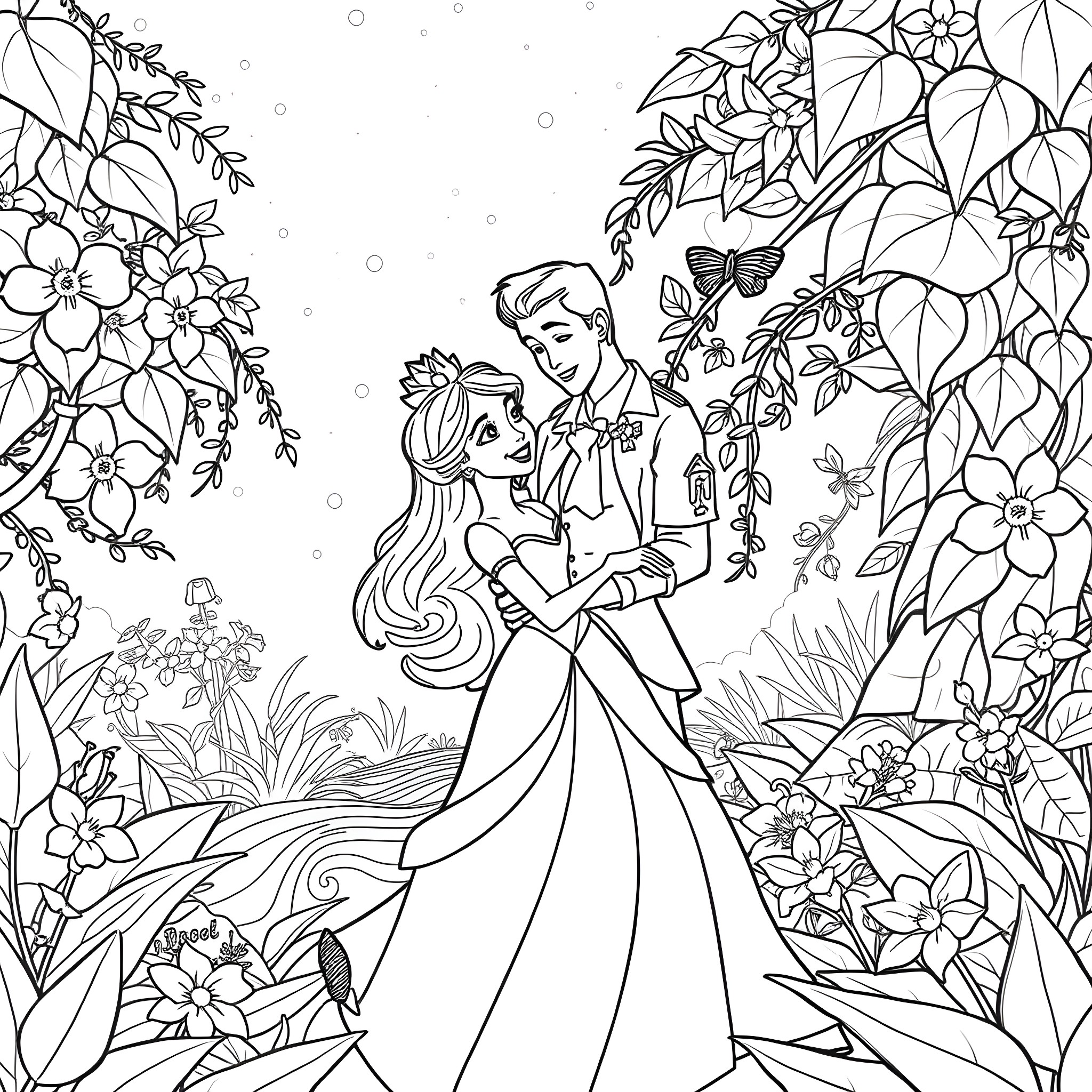 Tiana and her prince charming in a romantic garden Coloring Page (free black-and-white line drawing printable PDF for all, from beginners to advanced learners, including children, teens, adults, and seniors)