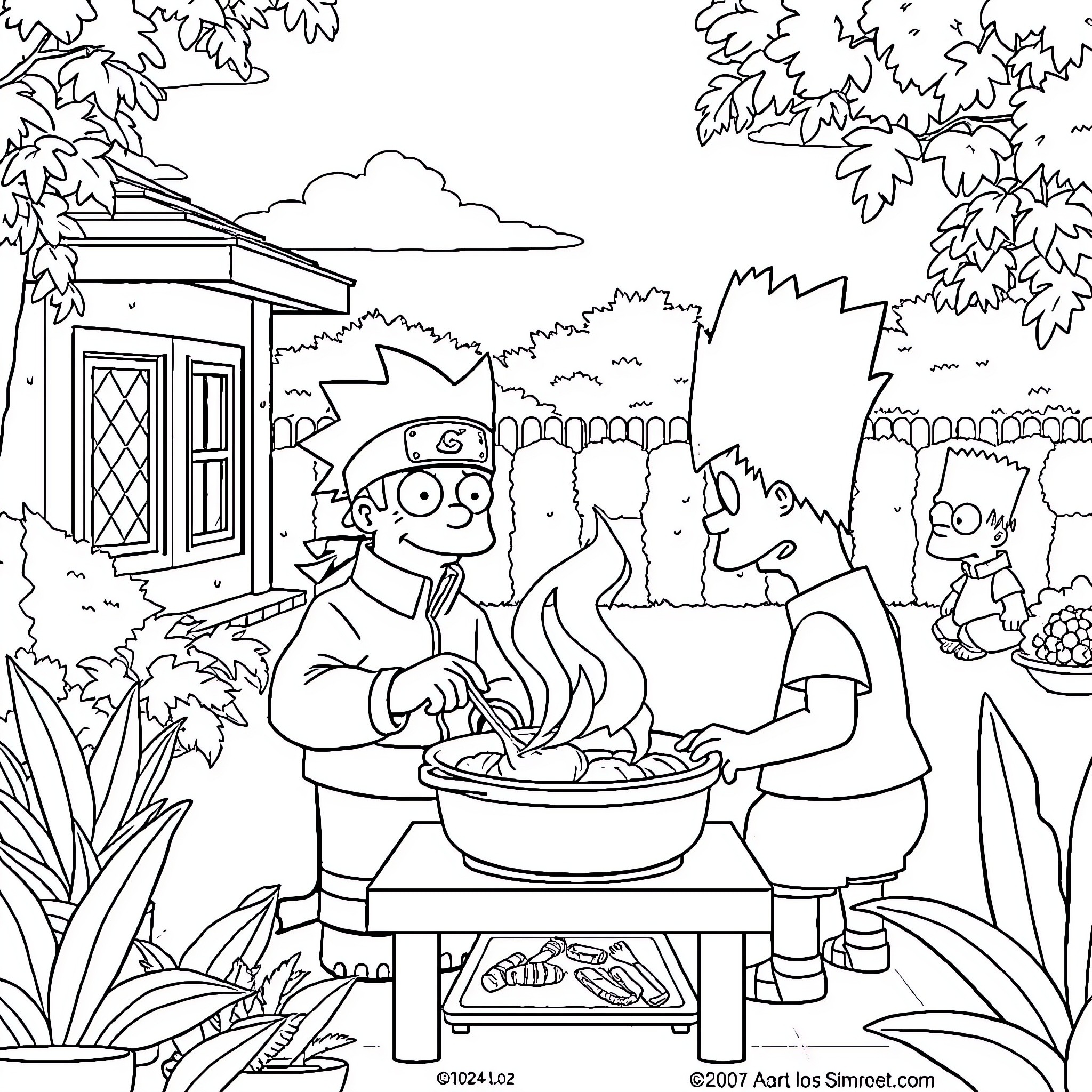 Naruto Characters Enjoying a Picnic in the Park Coloring Page (free black-and-white line drawing printable PDF for all, from beginners to advanced learners, including children, teens, adults, and seniors)