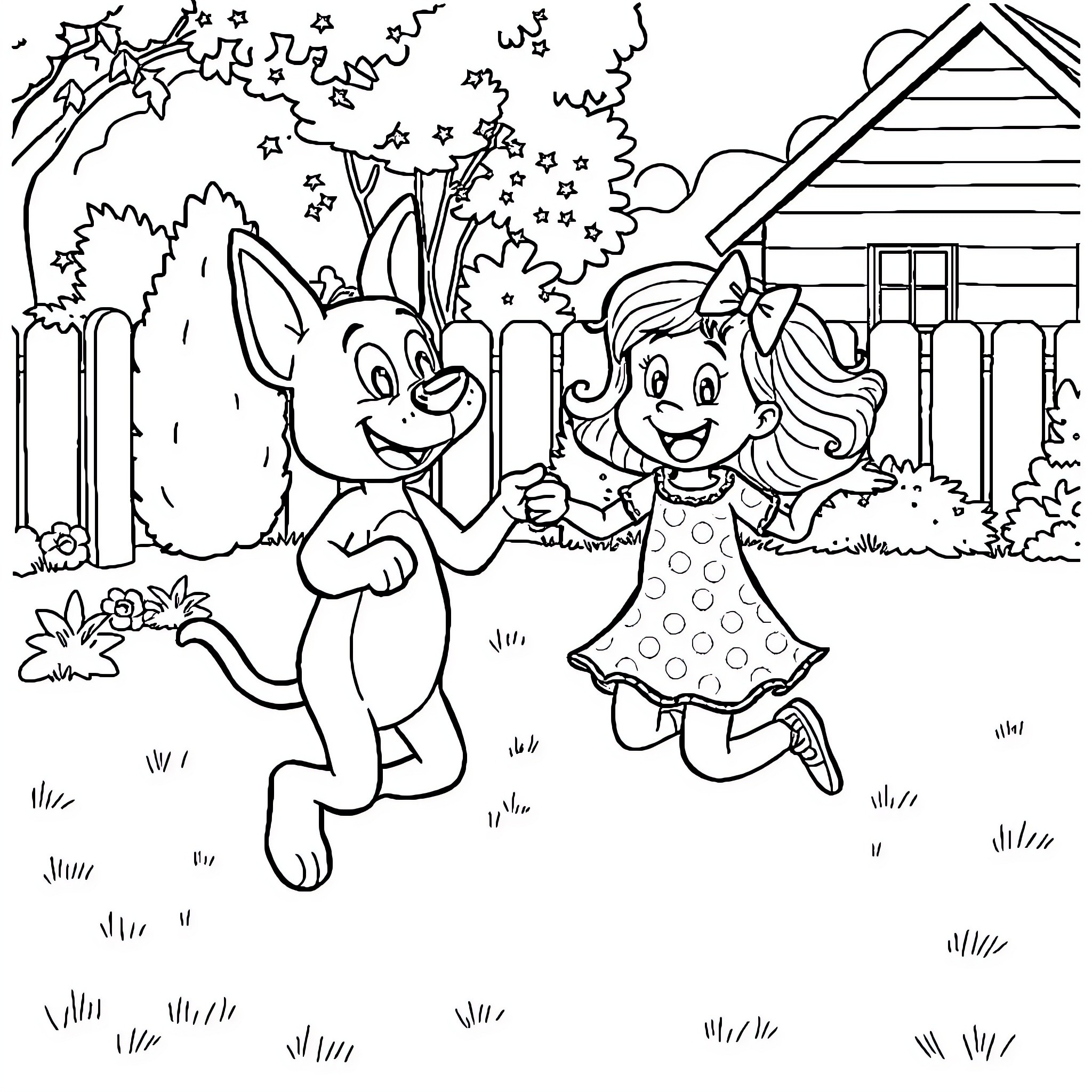 Bluey and friend playing outdoors near a house Coloring Page (free black-and-white line drawing printable PDF for all, from beginners to advanced learners, including children, teens, adults, and seniors)