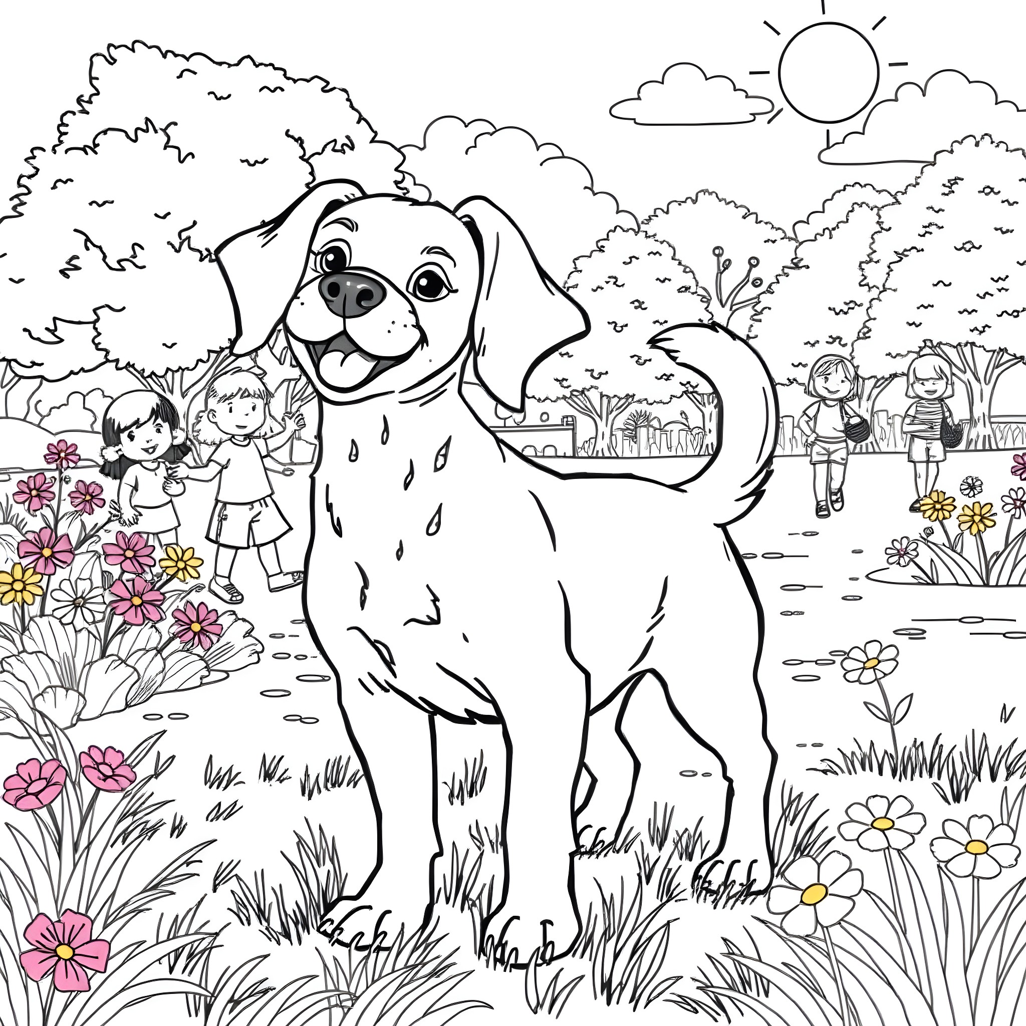 Dog happily playing in the park Coloring Page (free black-and-white line drawing printable PDF for all, from beginners to advanced learners, including children, teens, adults, and seniors)