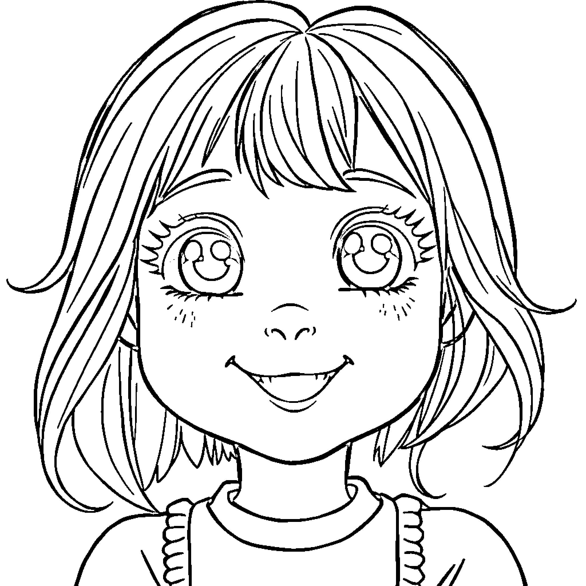 Girl with Friendly Smile and Flowing Hair Coloring Page (free black-and-white line drawing printable PDF for all, from beginners to advanced learners, including children, teens, adults, and seniors)