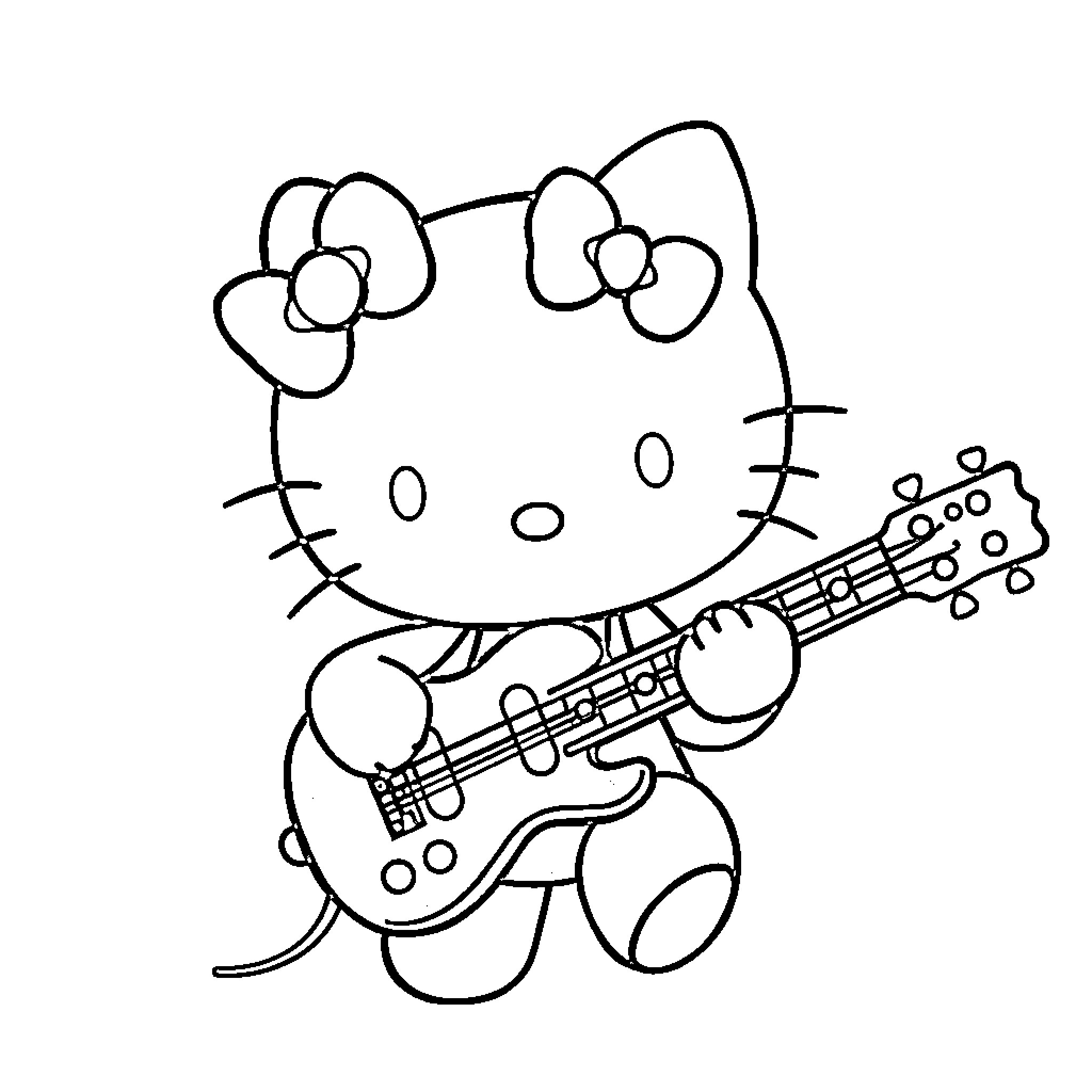 Hello Kitty playing guitar in black and white Coloring Page (free black-and-white line drawing printable PDF for all, from beginners to advanced learners, including children, teens, adults, and seniors)