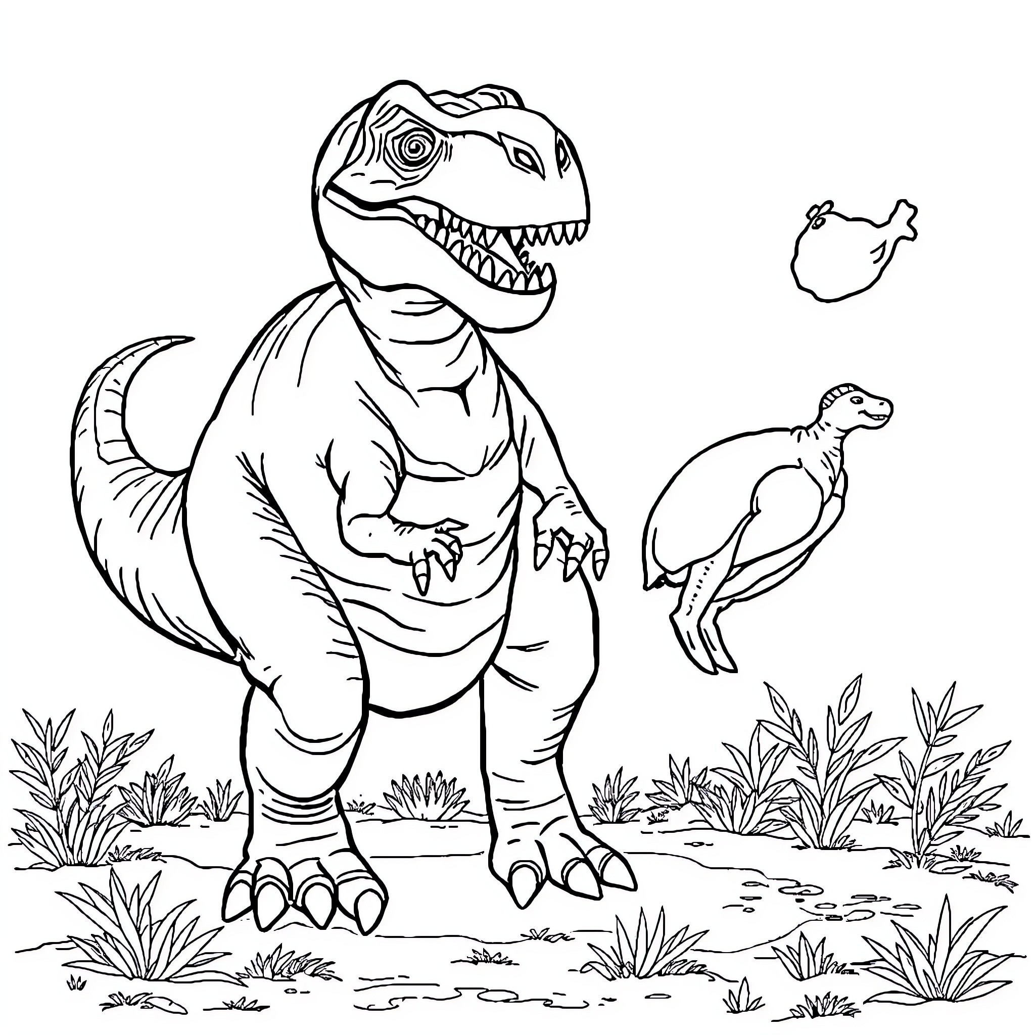 Dinosaur roaring in prehistoric landscape Coloring Page (free black-and-white line drawing printable PDF for all, from beginners to advanced learners, including children, teens, adults, and seniors)