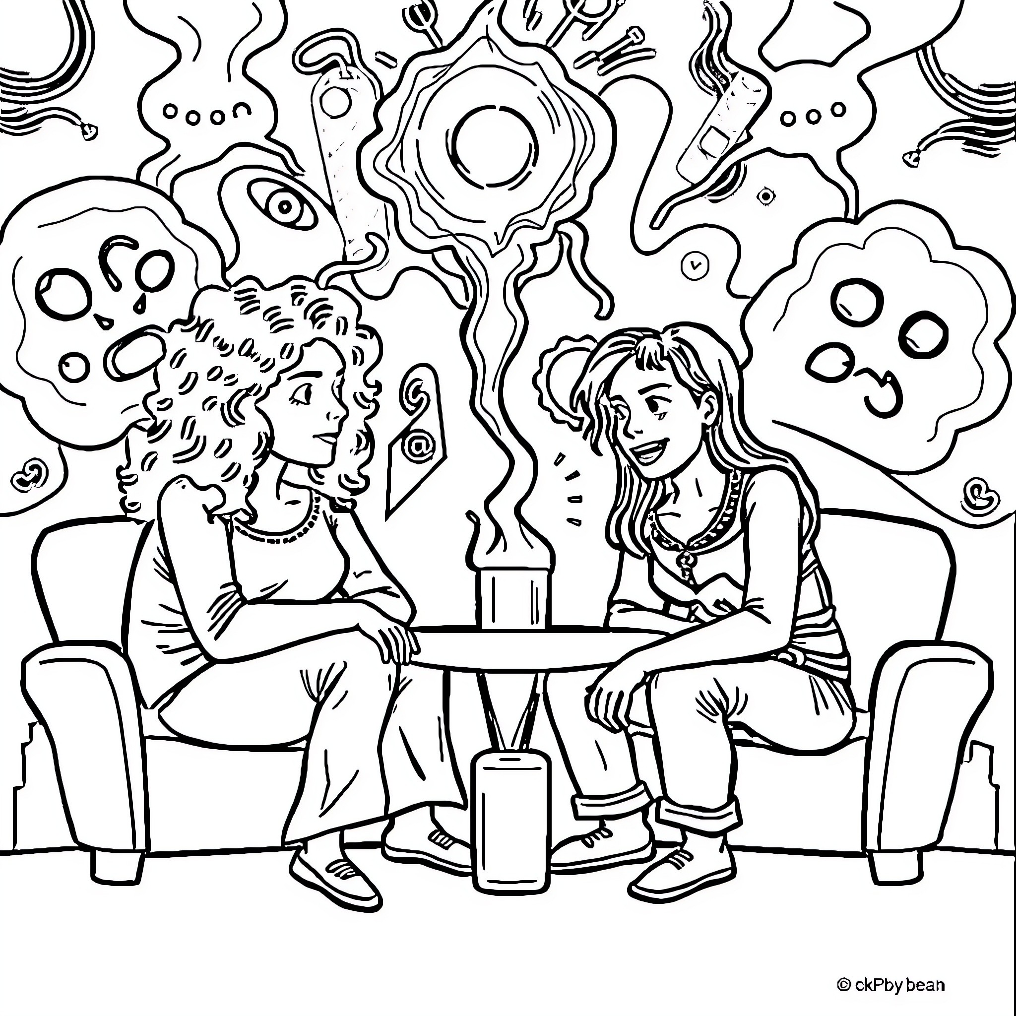 Toxic People: Confrontation in a Surreal Atmosphere Coloring Page (free black-and-white line drawing printable PDF for all, from beginners to advanced learners, including children, teens, adults, and seniors)