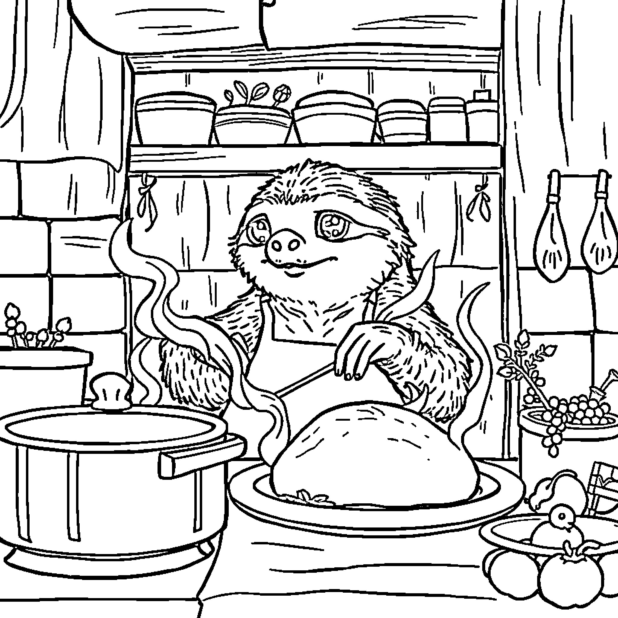 Sid cooking a delightful meal in the kitchen Coloring Page (free black-and-white line drawing printable PDF for all, from beginners to advanced learners, including children, teens, adults, and seniors)