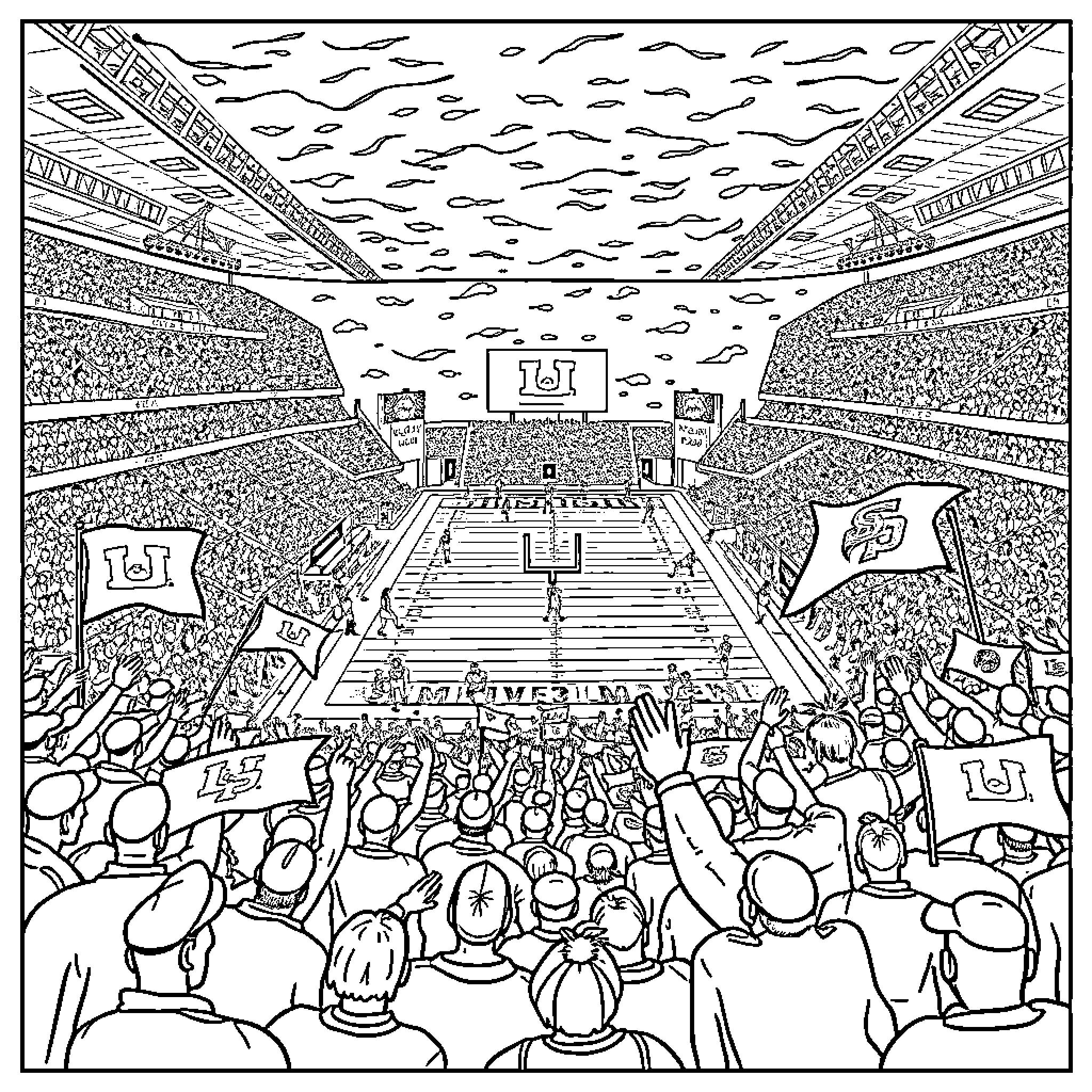 Football game excitement in the stadium Coloring Page (free black-and-white line drawing printable PDF for all, from beginners to advanced learners, including children, teens, adults, and seniors)