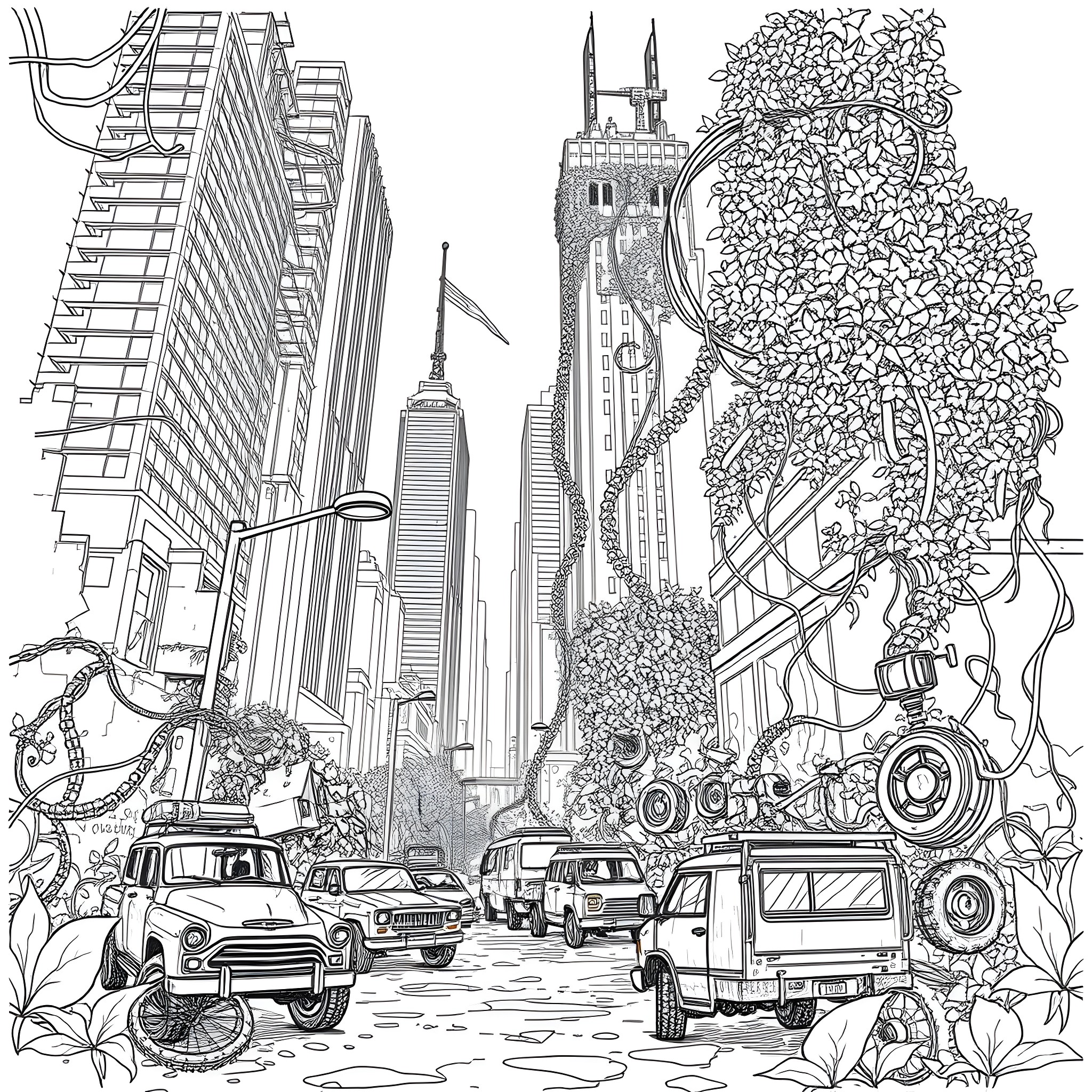 Urban Decay: Overgrown City Landscape Coloring Page (free black-and-white line drawing printable PDF for all, from beginners to advanced learners, including children, teens, adults, and seniors)