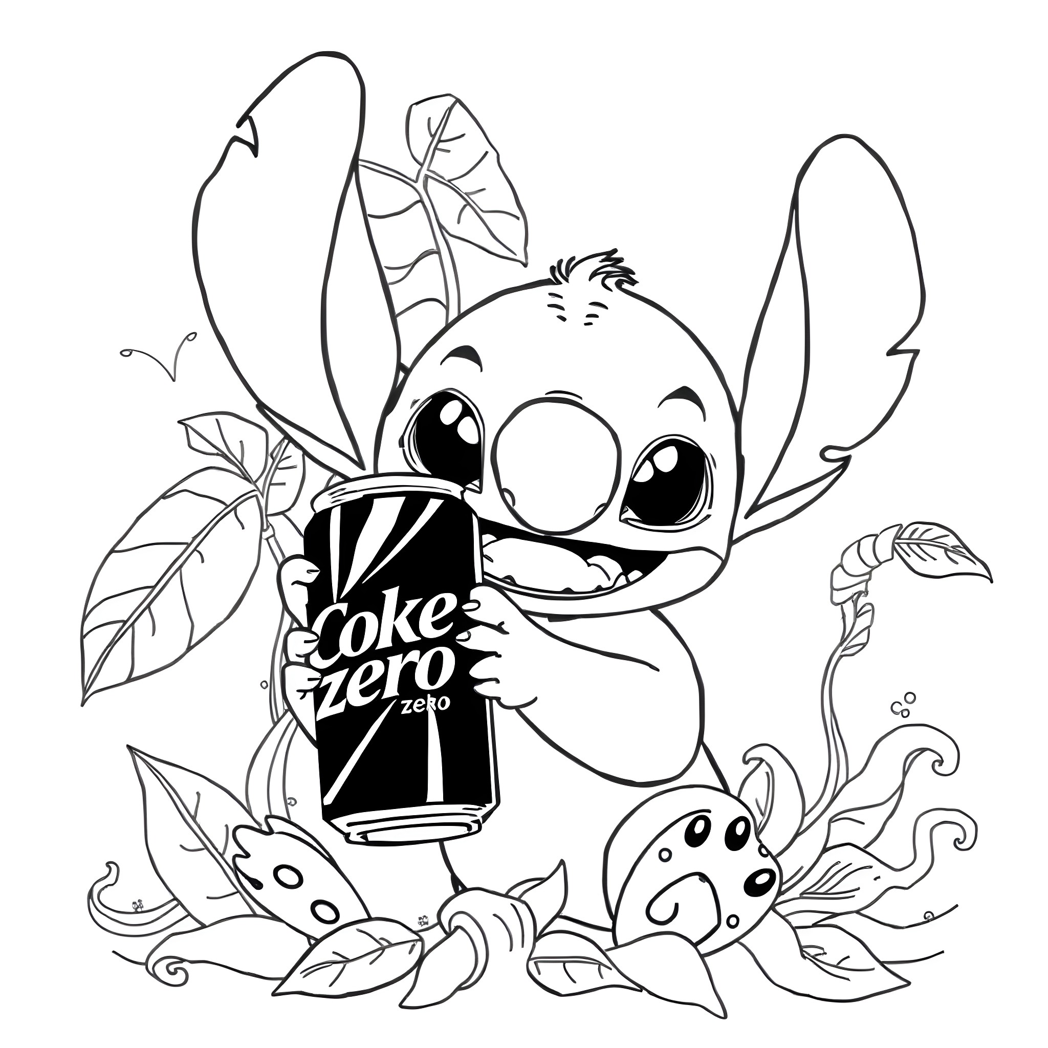 Stitch drinking a soda in a tropical setting Coloring Page (free black-and-white line drawing printable PDF for all, from beginners to advanced learners, including children, teens, adults, and seniors)