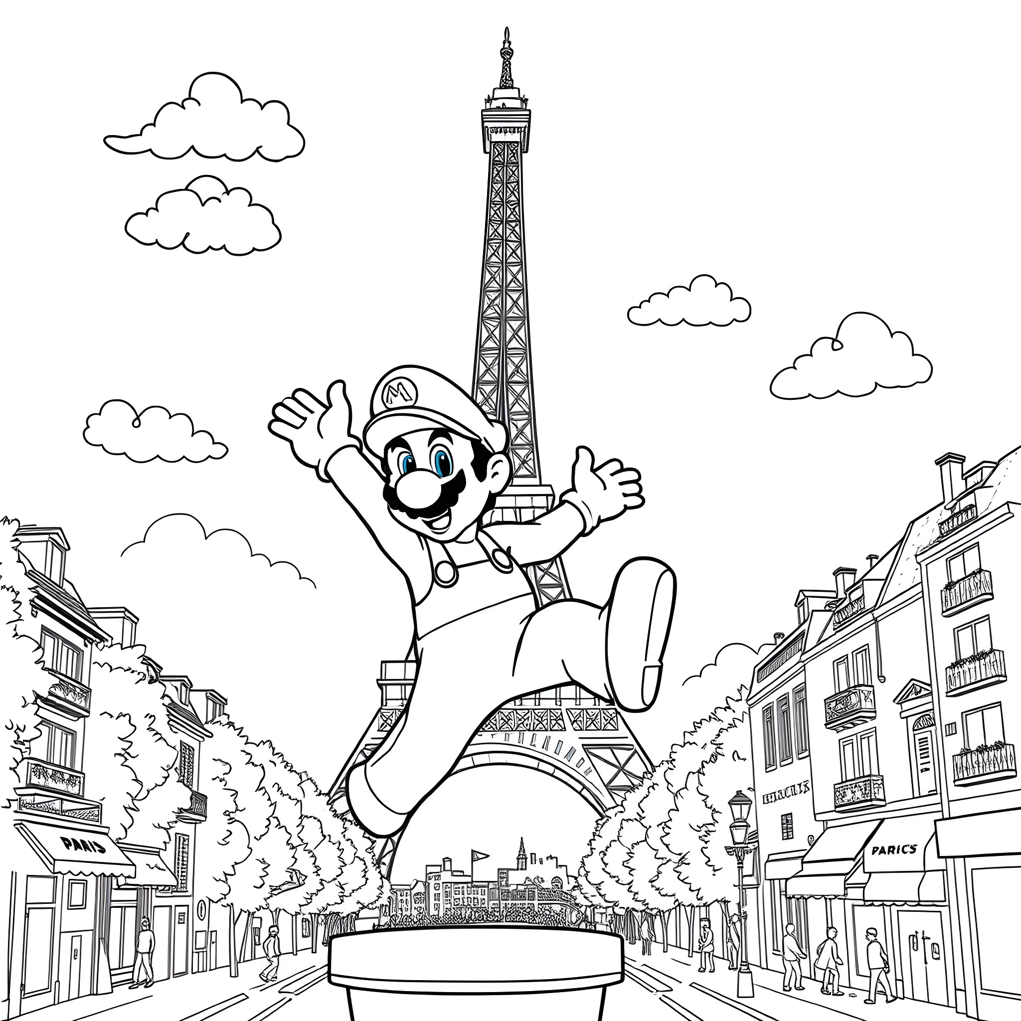 Mario's Joyful Leap in Paris Coloring Page (free black-and-white line drawing printable PDF for all, from beginners to advanced learners, including children, teens, adults, and seniors)