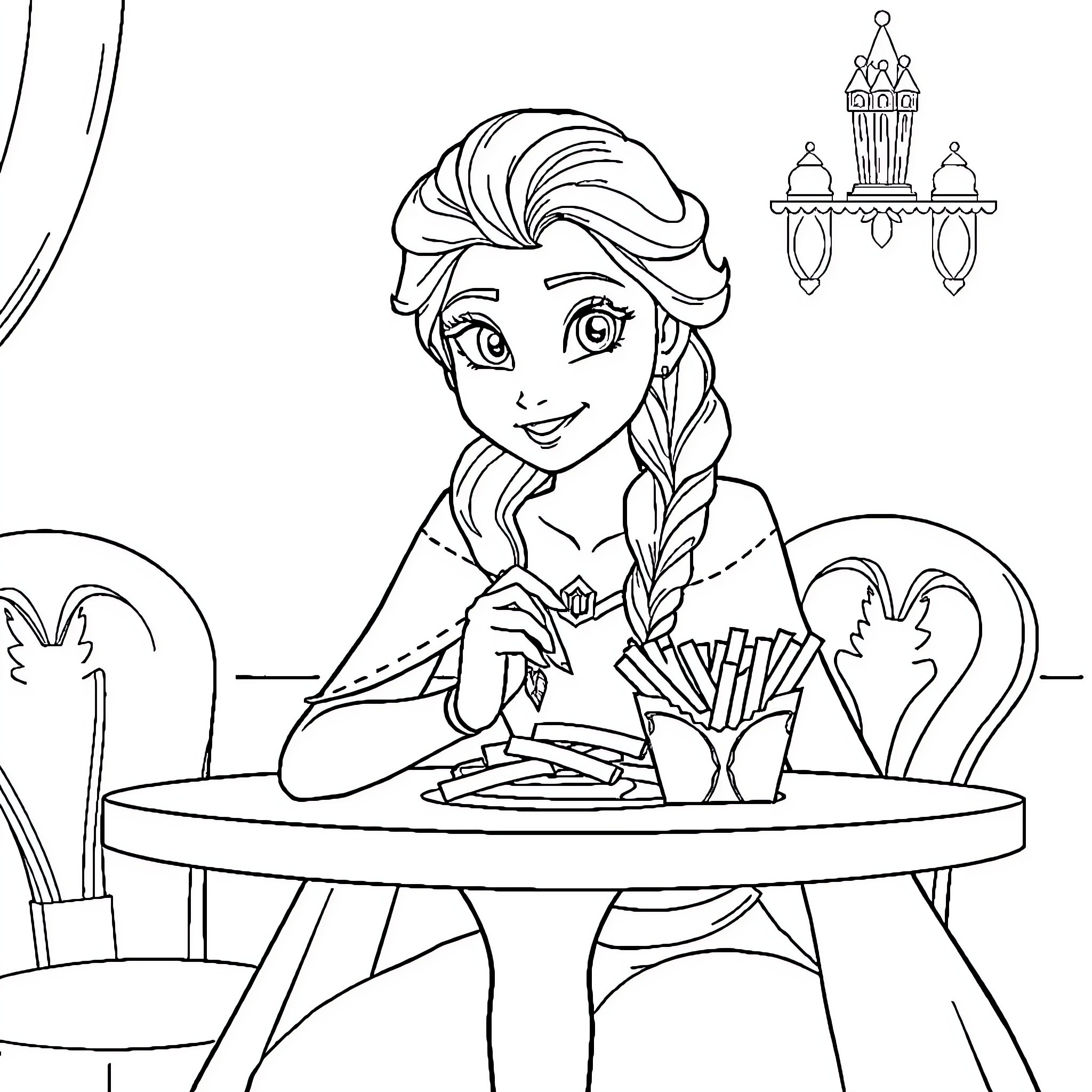 Elsa enjoying a cozy afternoon in her castle Coloring Page (free black-and-white line drawing printable PDF for all, from beginners to advanced learners, including children, teens, adults, and seniors)