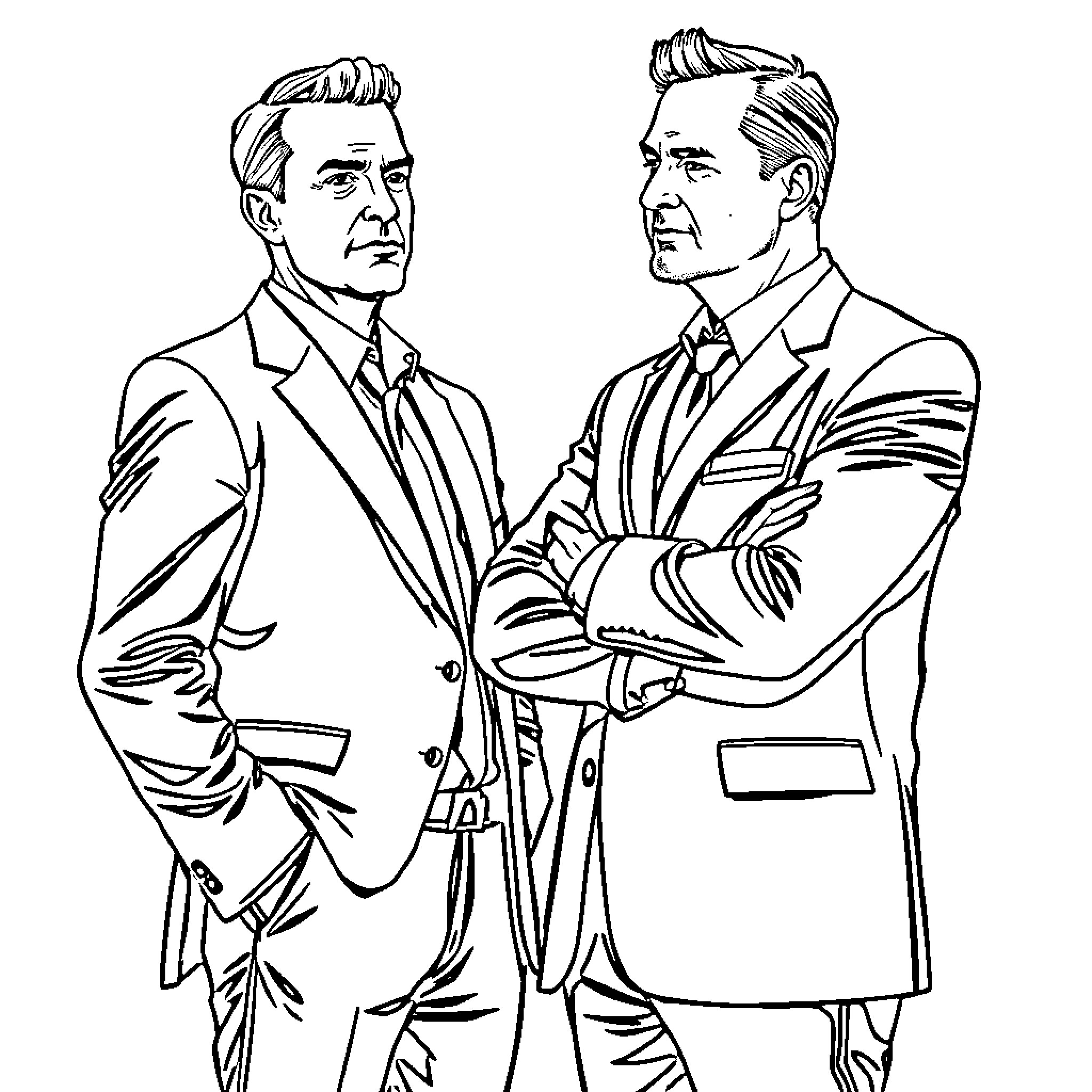 Man in formal attire discussing business matters Coloring Page (free black-and-white line drawing printable PDF for all, from beginners to advanced learners, including children, teens, adults, and seniors)
