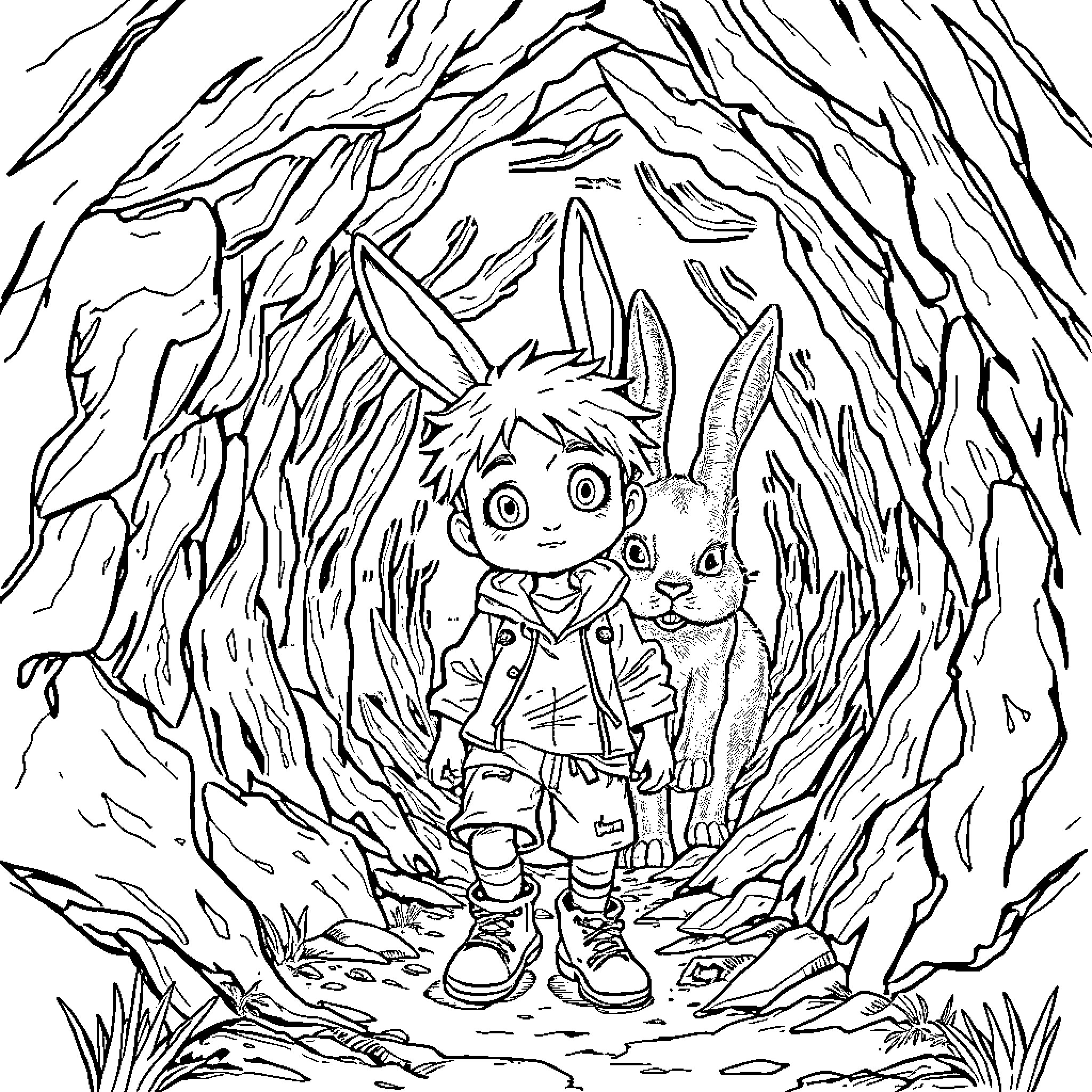 Kid exploring the enchanted forest with a rabbit companion Coloring Page (free black-and-white line drawing printable PDF for all, from beginners to advanced learners, including children, teens, adults, and seniors)