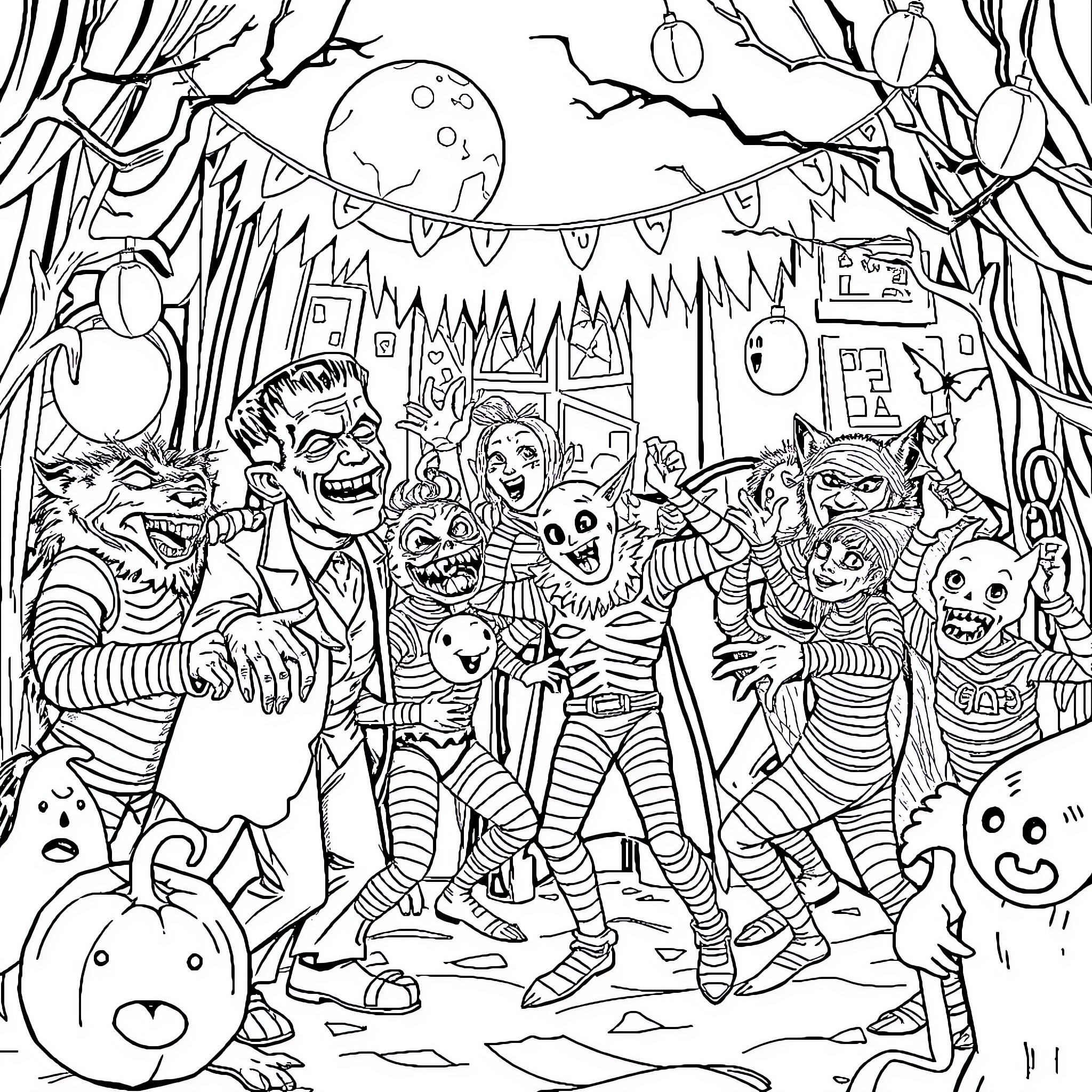 Frankenstein's Halloween Party with Monstrous Revelers Coloring Page (free black-and-white line drawing printable PDF for all, from beginners to advanced learners, including children, teens, adults, and seniors)
