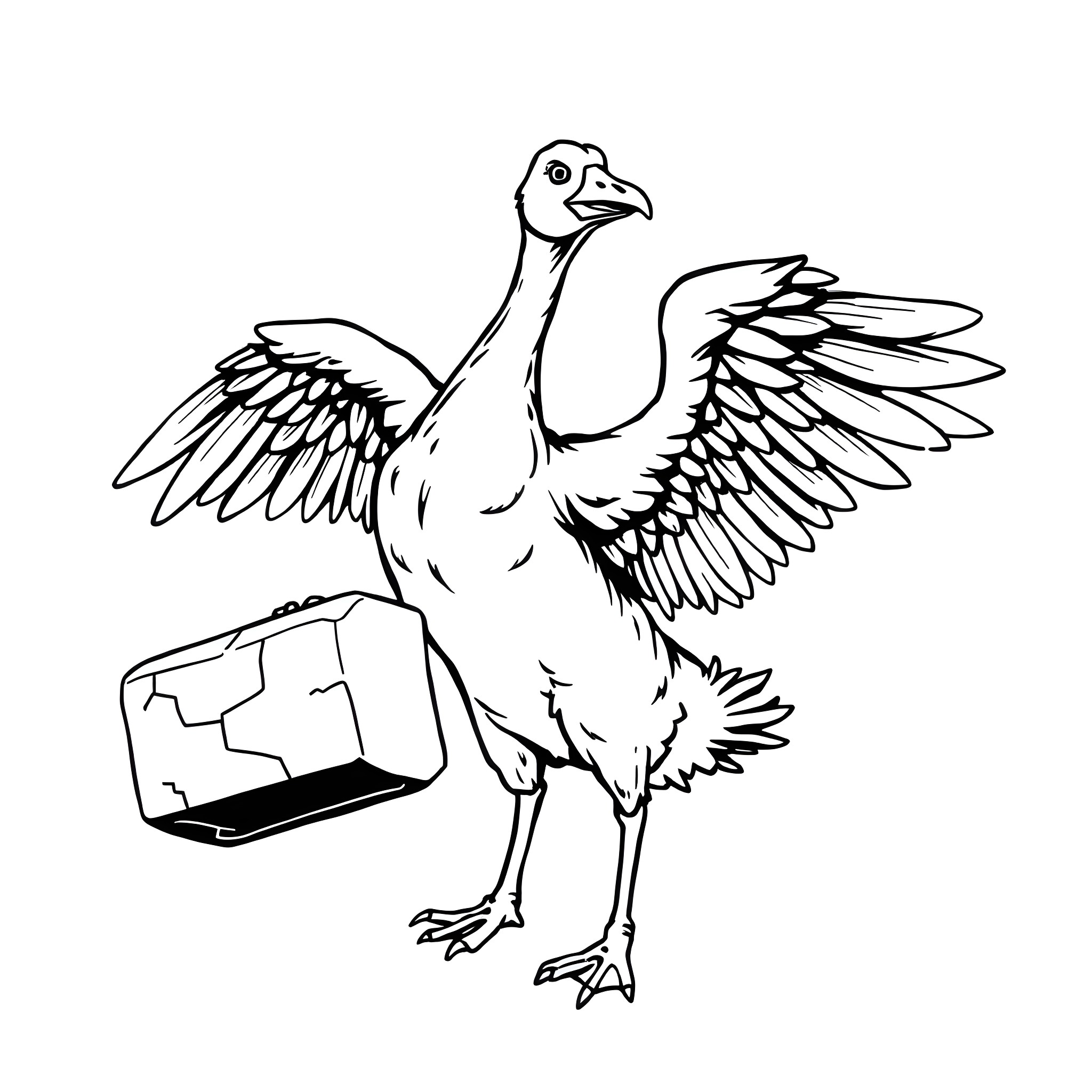 Goose with outstretched wings carrying a suitcase Coloring Page (free black-and-white line drawing printable PDF for all, from beginners to advanced learners, including children, teens, adults, and seniors)