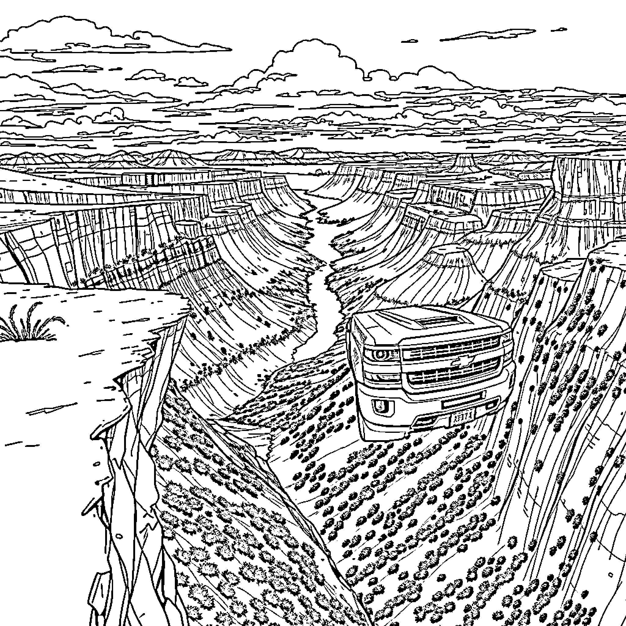 Silverado truck traversing rugged terrain in the desert Coloring Page (free black-and-white line drawing printable PDF for all, from beginners to advanced learners, including children, teens, adults, and seniors)
