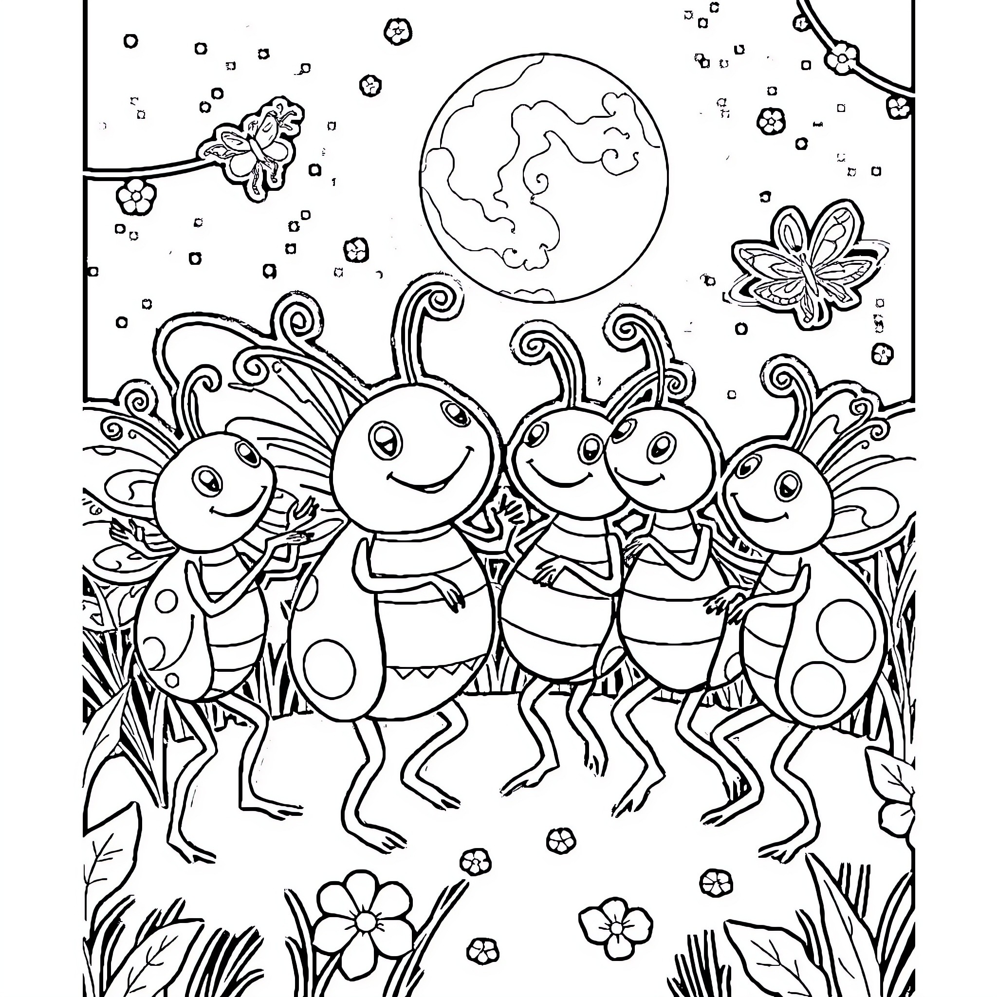 Bug friends in a magical garden Coloring Page (free black-and-white line drawing printable PDF for all, from beginners to advanced learners, including children, teens, adults, and seniors)