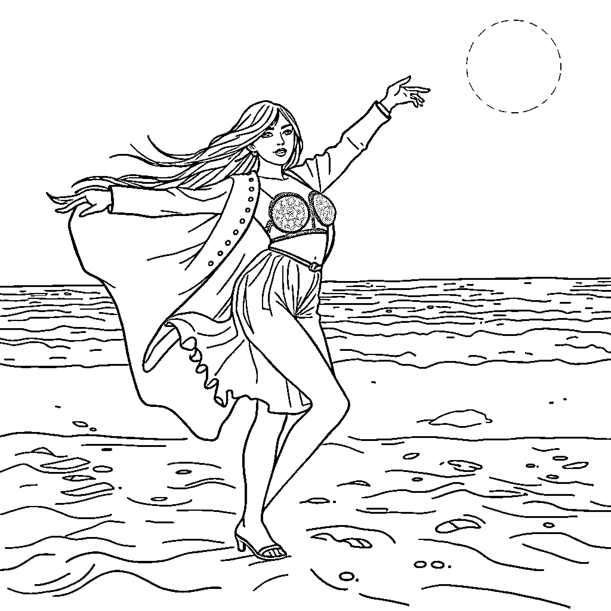 Kpop Rumi dancing joyfully on the beach Coloring Page (free black-and-white line drawing printable PDF for all, from beginners to advanced learners, including children, teens, adults, and seniors)