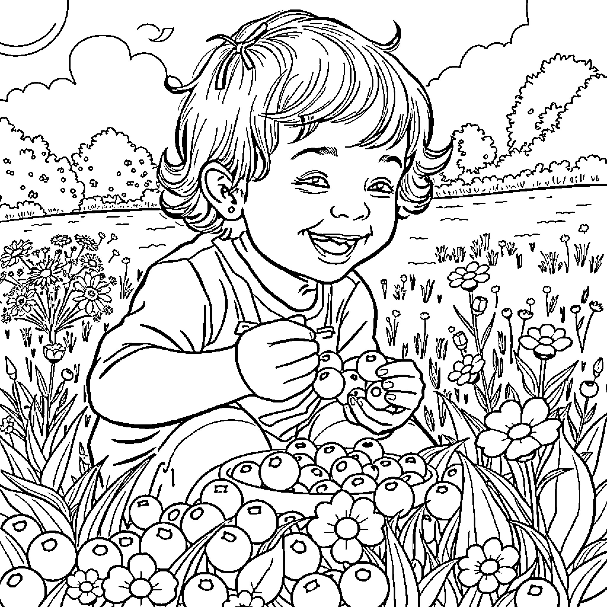 Child joyfully playing in a flowery meadow Coloring Page (free black-and-white line drawing printable PDF for all, from beginners to advanced learners, including children, teens, adults, and seniors)