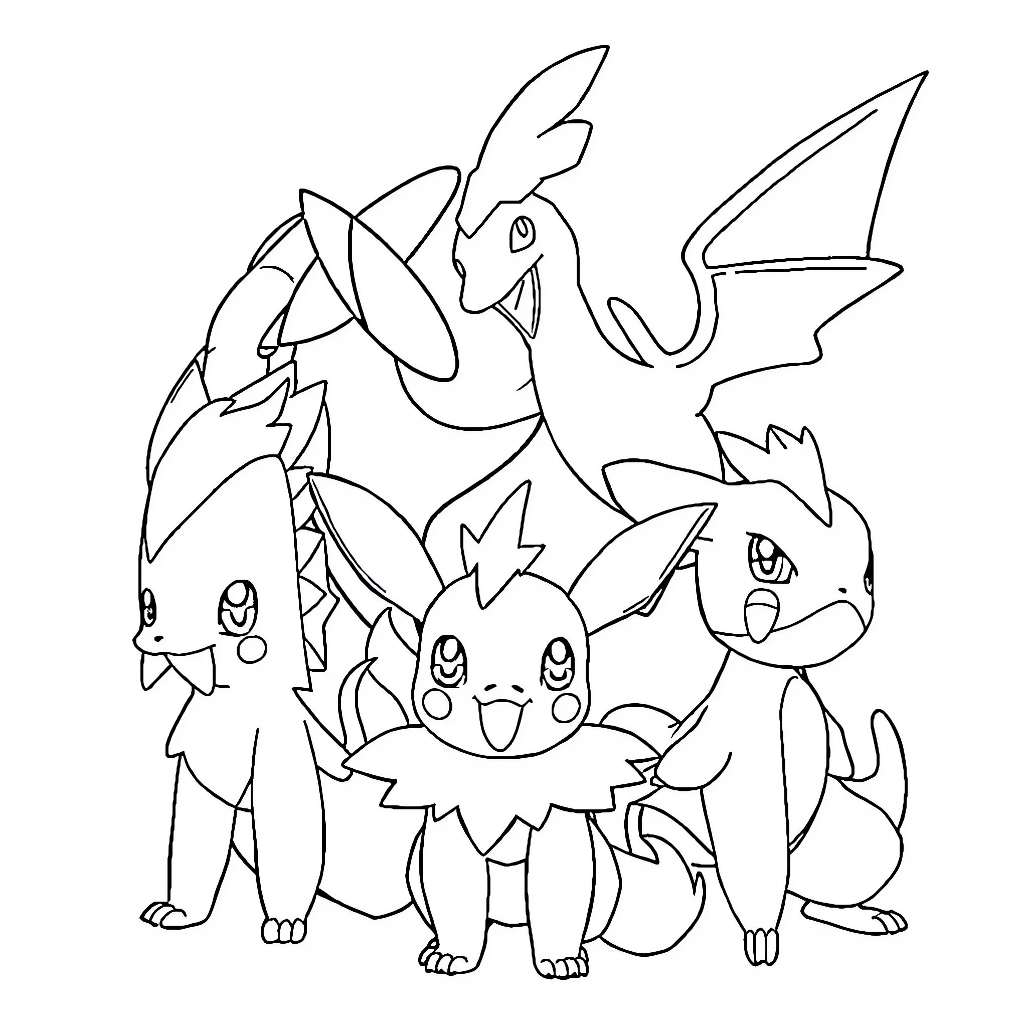Pokémon characters in playful poses Coloring Page (free black-and-white line drawing printable PDF for all, from beginners to advanced learners, including children, teens, adults, and seniors)
