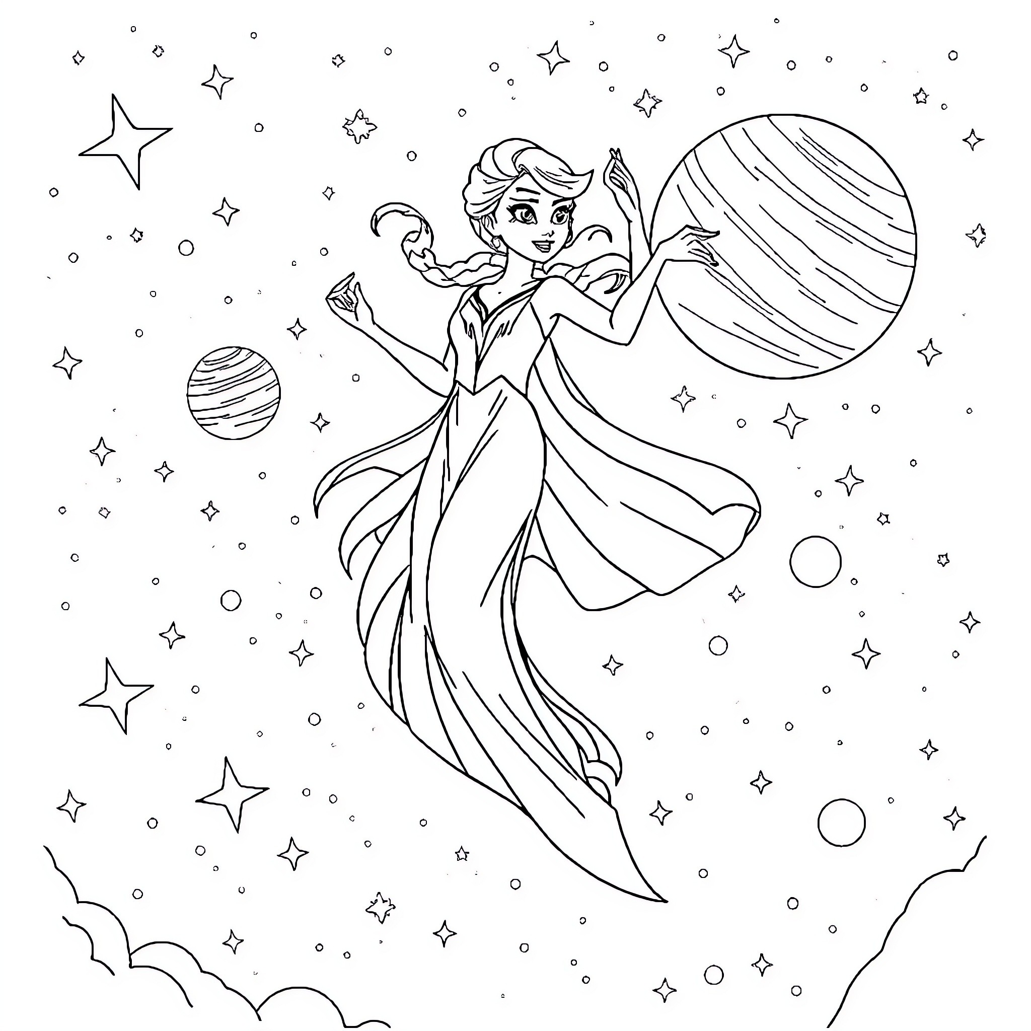 Elsa in a Cosmic Adventure Coloring Page (free black-and-white line drawing printable PDF for all, from beginners to advanced learners, including children, teens, adults, and seniors)