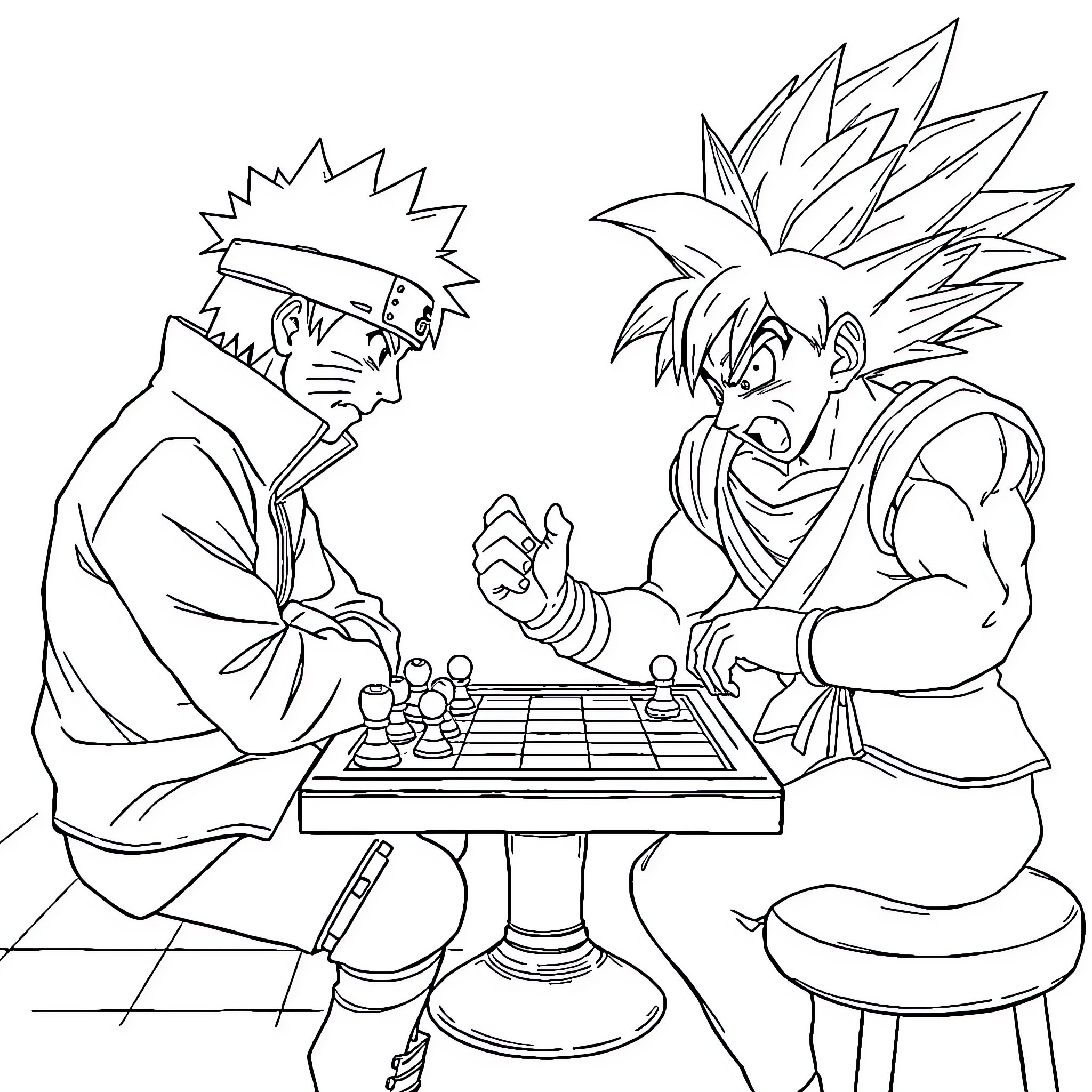 Naruto characters playing chess intensely Coloring Page (free black-and-white line drawing printable PDF for all, from beginners to advanced learners, including children, teens, adults, and seniors)