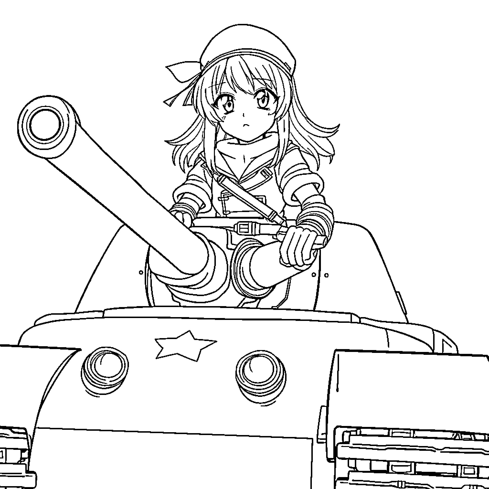 Anime Girl Riding a Military Tank Coloring Page (free black-and-white line drawing printable PDF for all, from beginners to advanced learners, including children, teens, adults, and seniors)