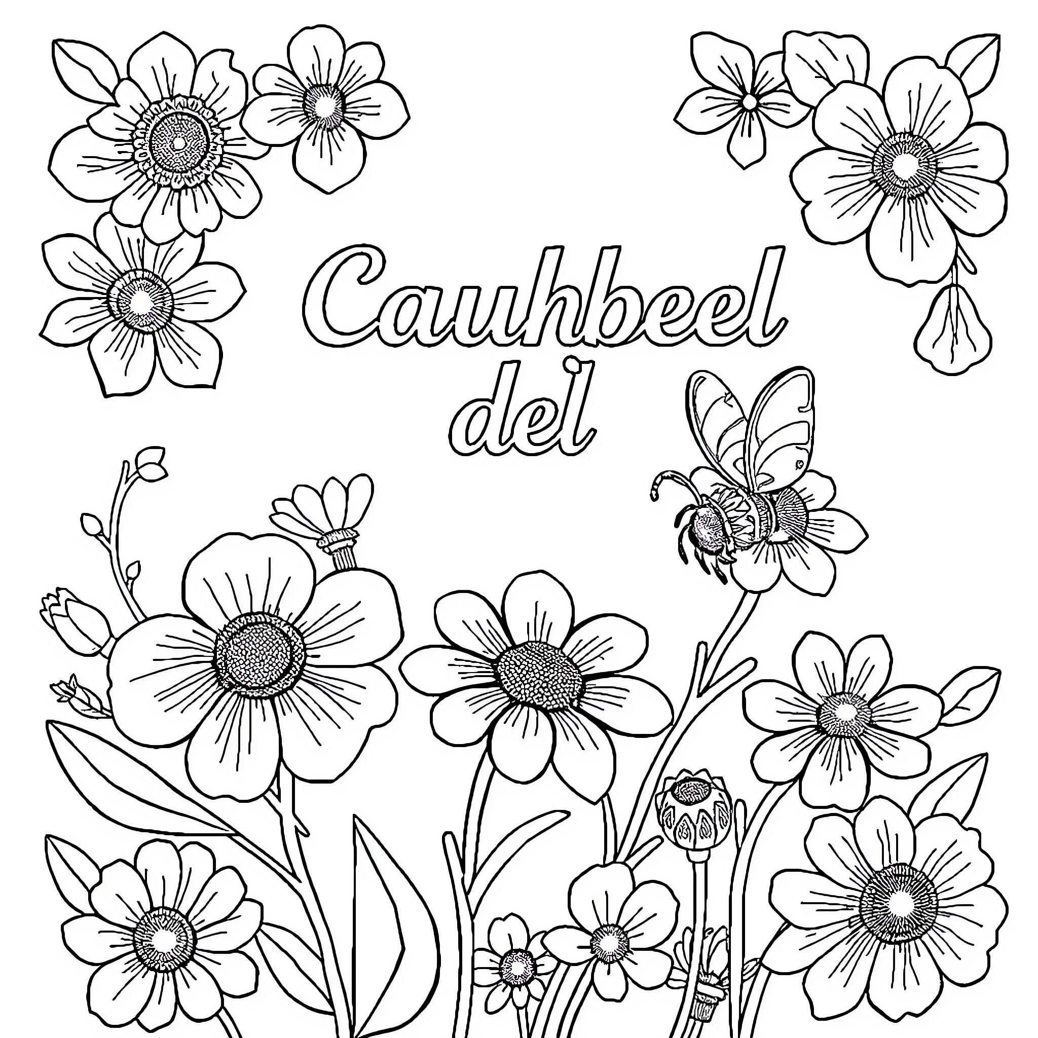 Bee and Floral Doodles with Cauhbeel del Coloring Page (free black-and-white line drawing printable PDF for all, from beginners to advanced learners, including children, teens, adults, and seniors)