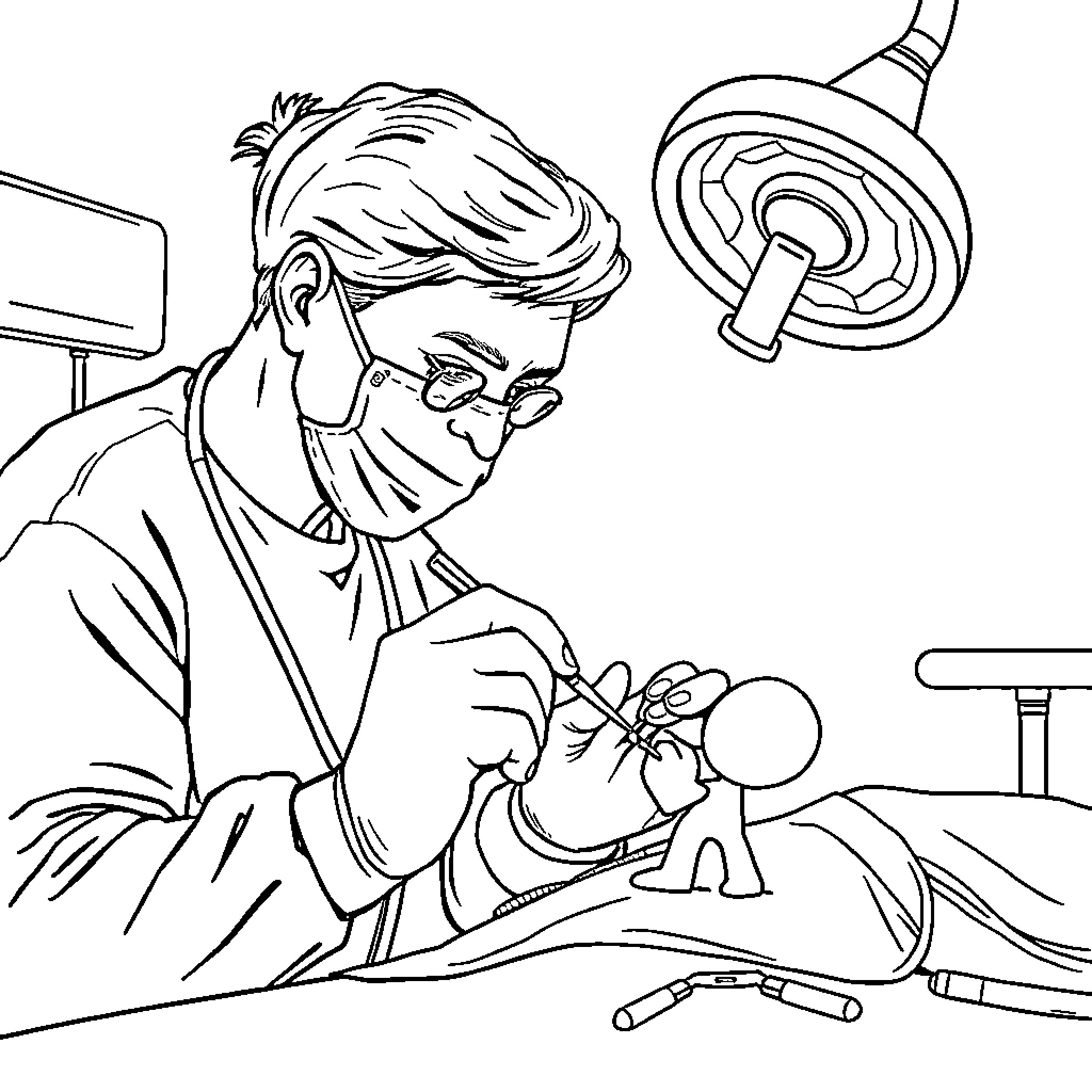 Doctor Performing Delicate Medical Procedure Coloring Page (free black-and-white line drawing printable PDF for all, from beginners to advanced learners, including children, teens, adults, and seniors)