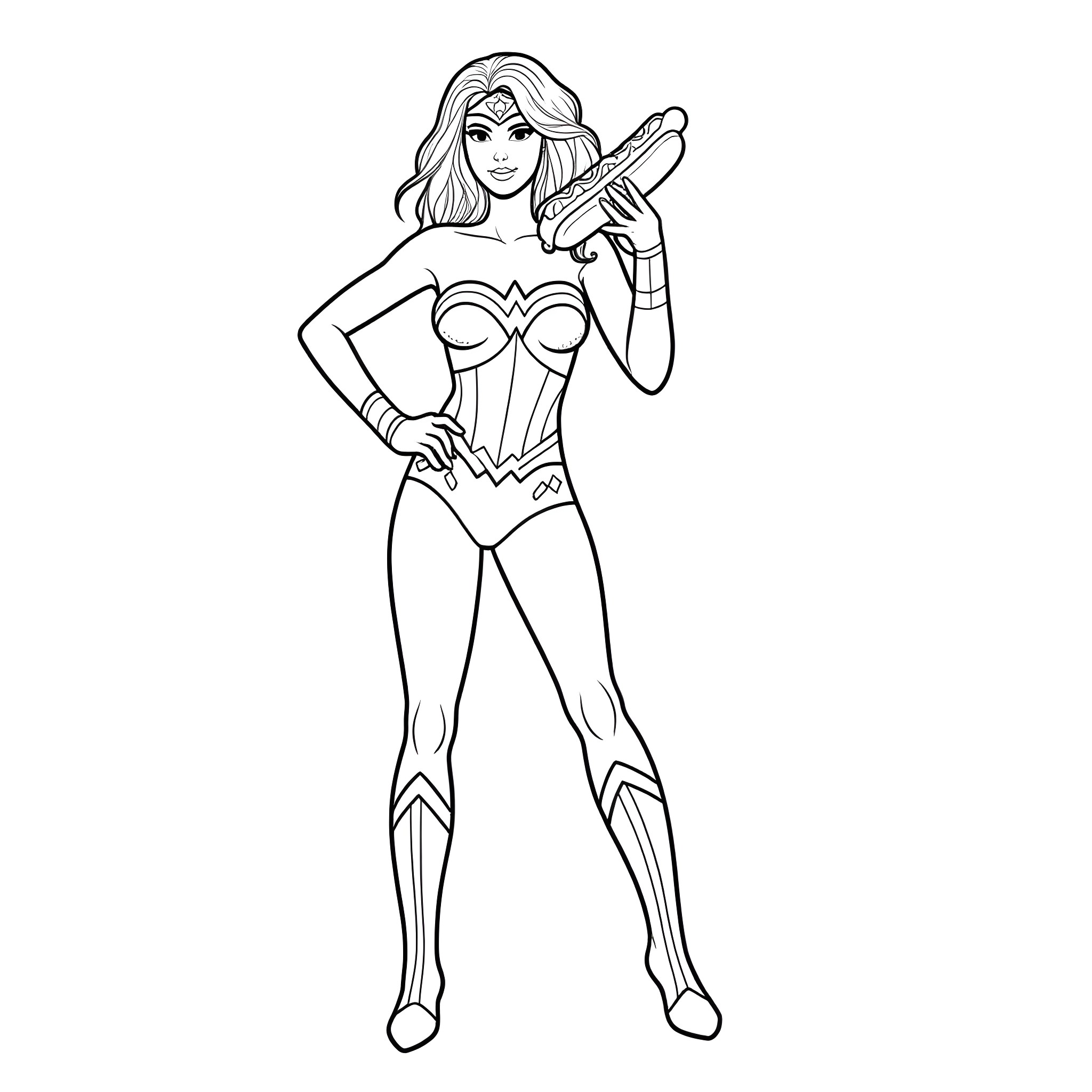 Wonder Woman in action pose with iconic outfit Coloring Page (free black-and-white line drawing printable PDF for all, from beginners to advanced learners, including children, teens, adults, and seniors)