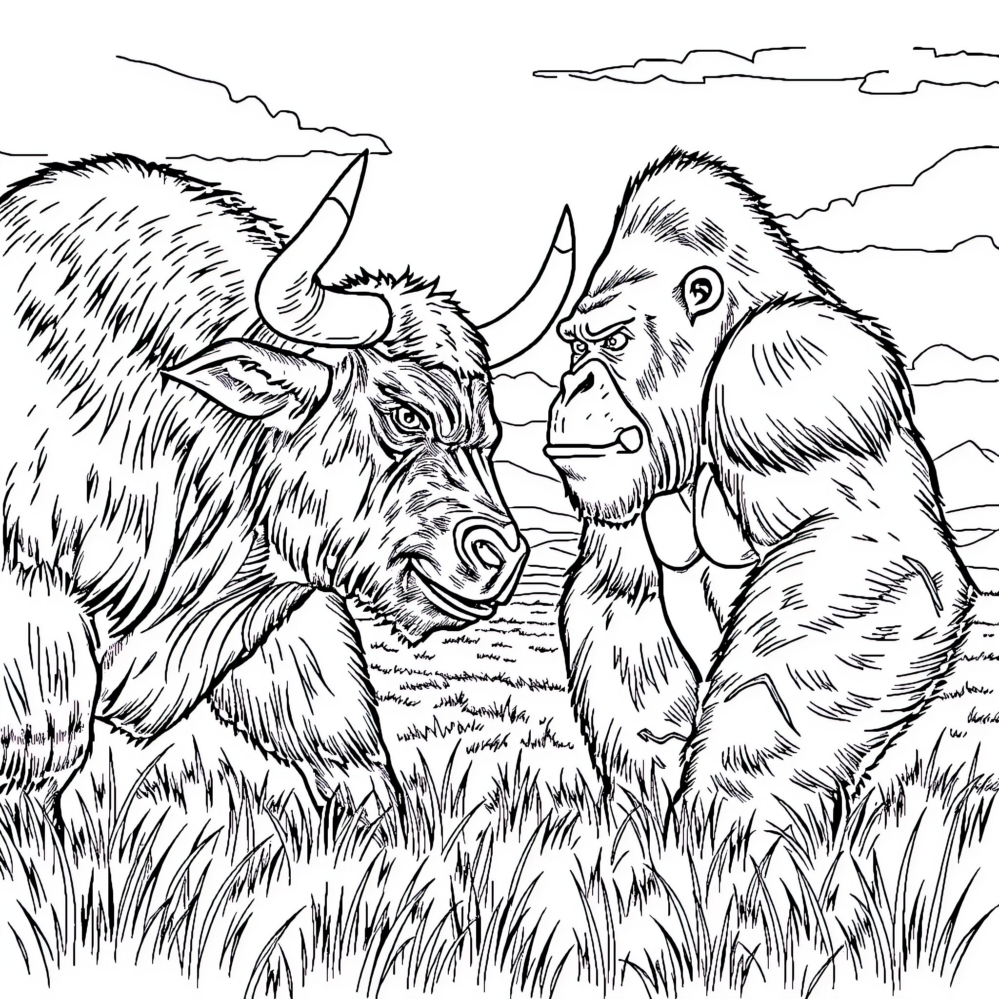 Bull Gorilla in a Fierce Confrontation Coloring Page (free black-and-white line drawing printable PDF for all, from beginners to advanced learners, including children, teens, adults, and seniors)