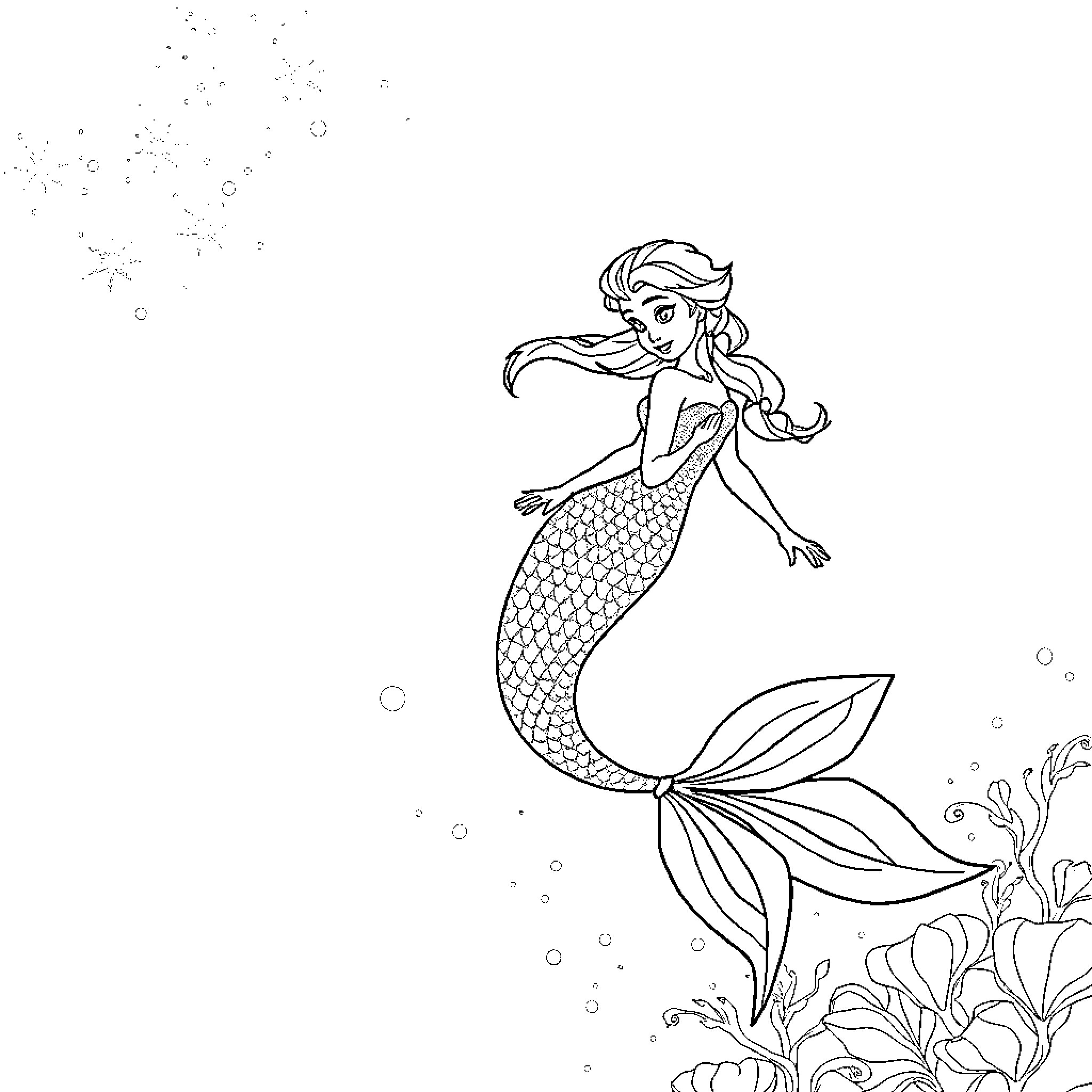 Elsa the Mermaid in the Underwater World Coloring Page (free black-and-white line drawing printable PDF for all, from beginners to advanced learners, including children, teens, adults, and seniors)