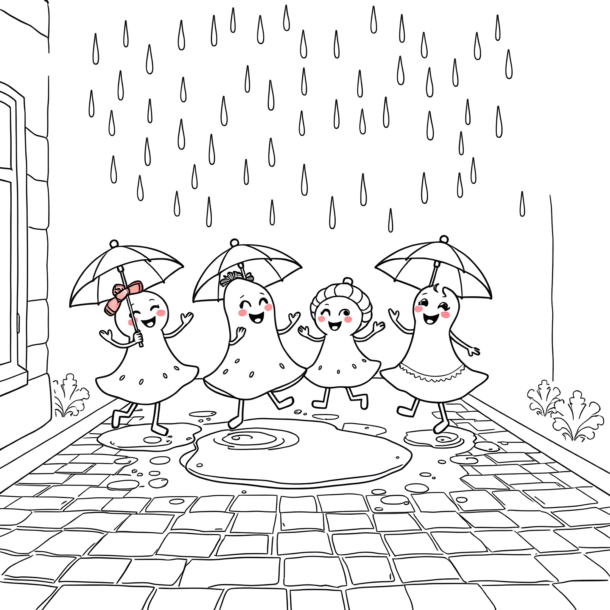 Food characters playing happily in the rain Coloring Page (free black-and-white line drawing printable PDF for all, from beginners to advanced learners, including children, teens, adults, and seniors)