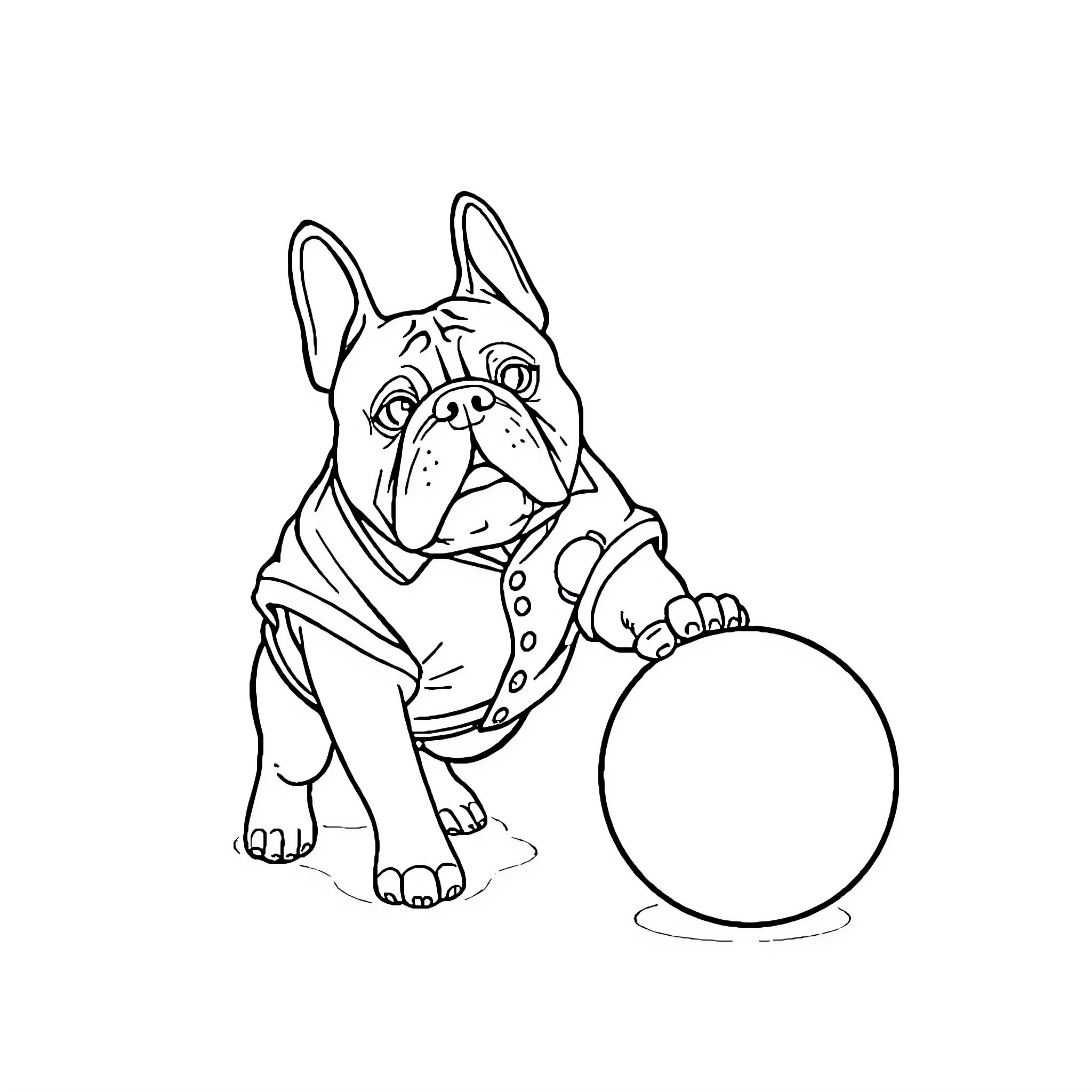 English Bulldog playing with ball in costume Coloring Page (free black-and-white line drawing printable PDF for all, from beginners to advanced learners, including children, teens, adults, and seniors)