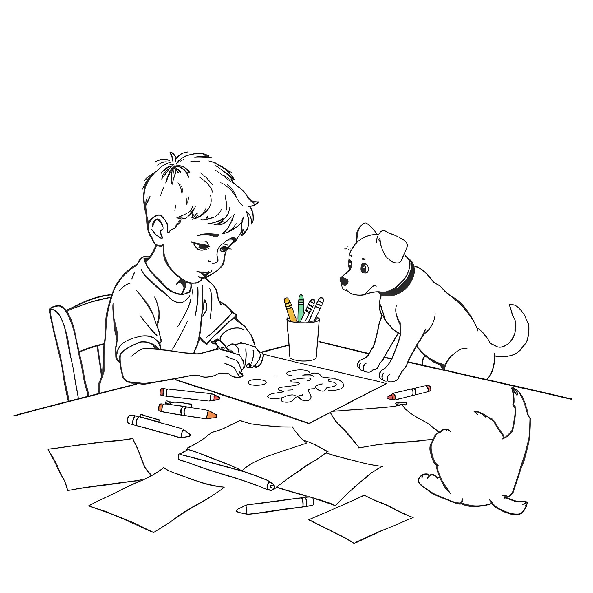 Boy drawing with dog companion in the room Coloring Page (free black-and-white line drawing printable PDF for all, from beginners to advanced learners, including children, teens, adults, and seniors)