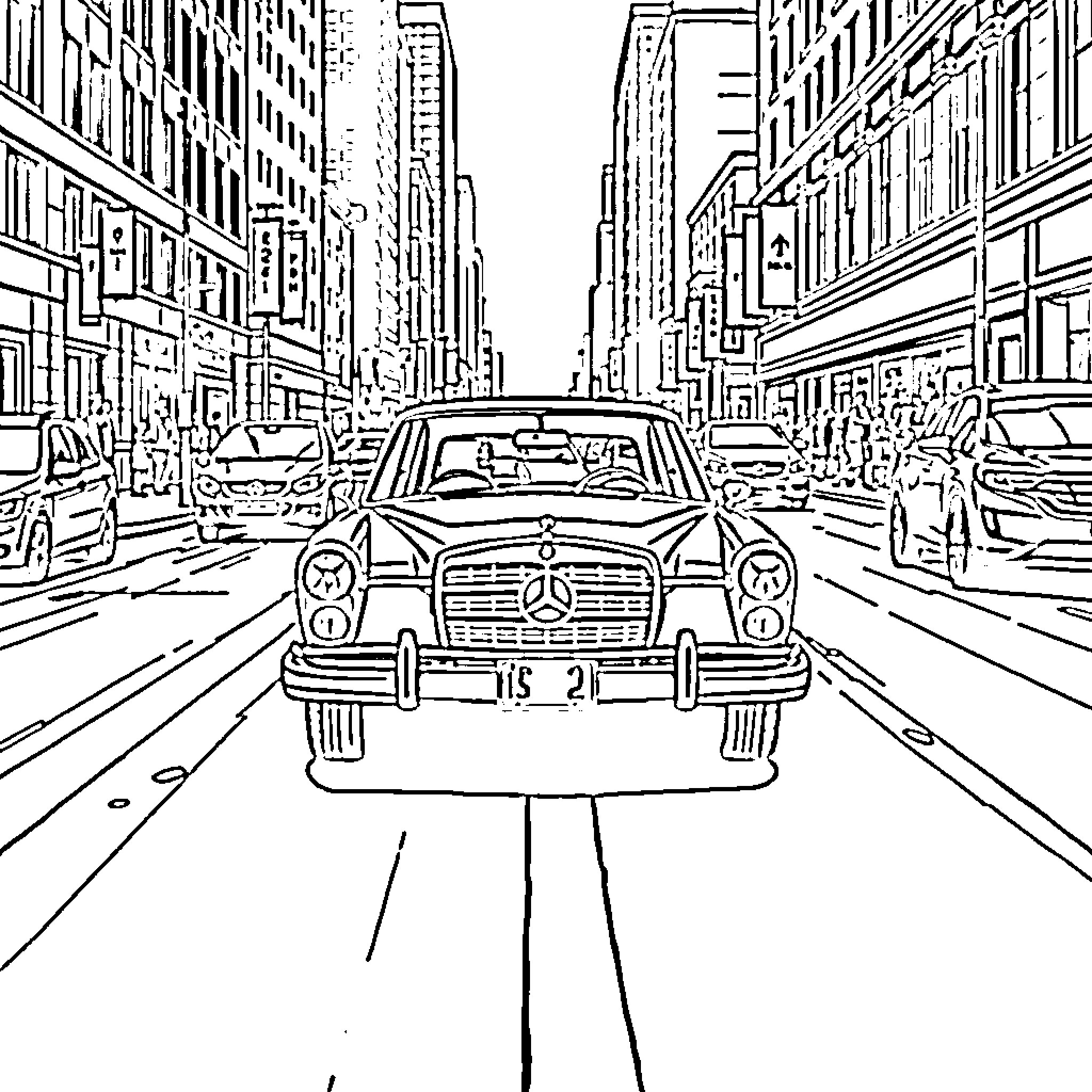 Mercedes luxury sedan in busy city street Coloring Page (free black-and-white line drawing printable PDF for all, from beginners to advanced learners, including children, teens, adults, and seniors)