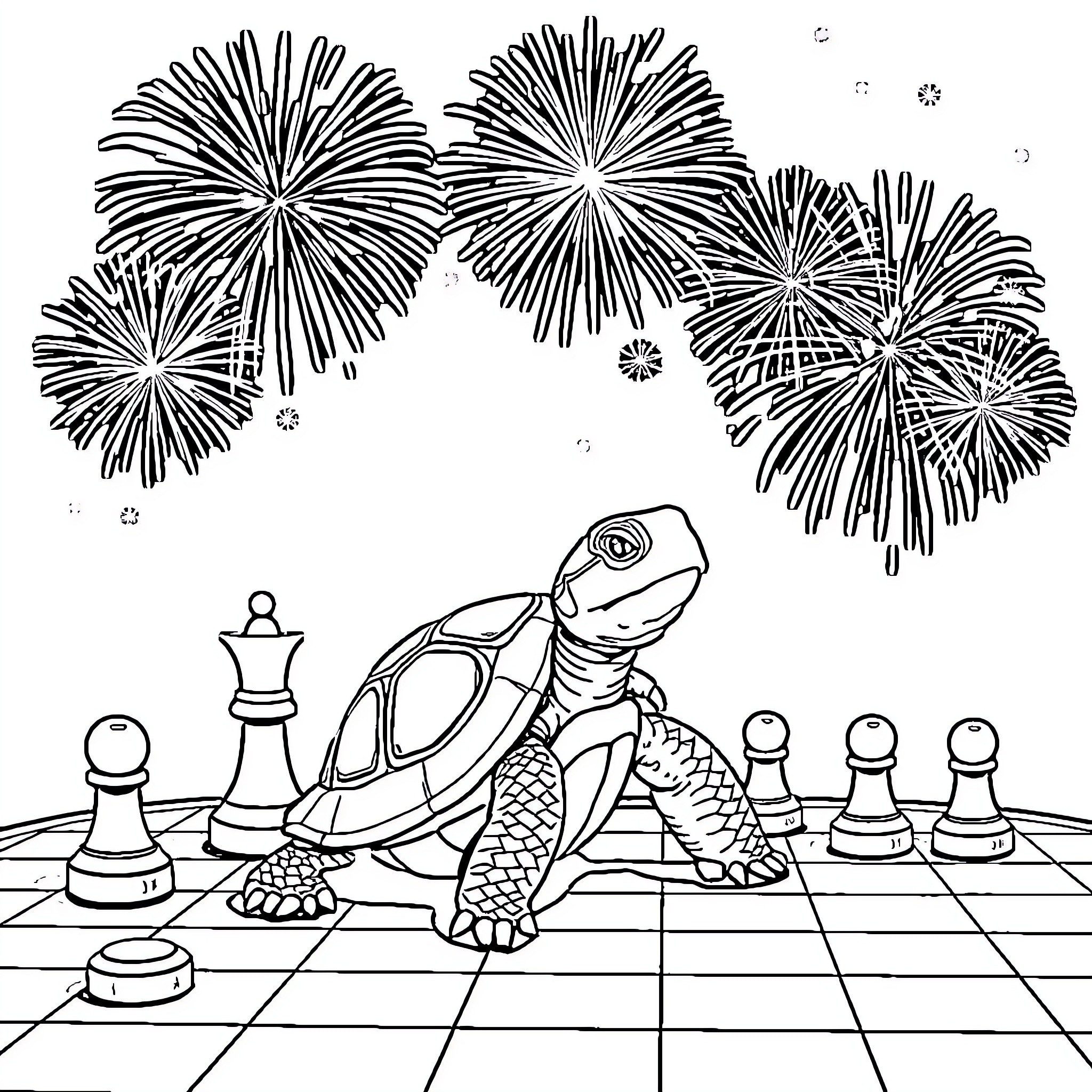 Turtle playing chess with fireworks display Coloring Page (free black-and-white line drawing printable PDF for all, from beginners to advanced learners, including children, teens, adults, and seniors)