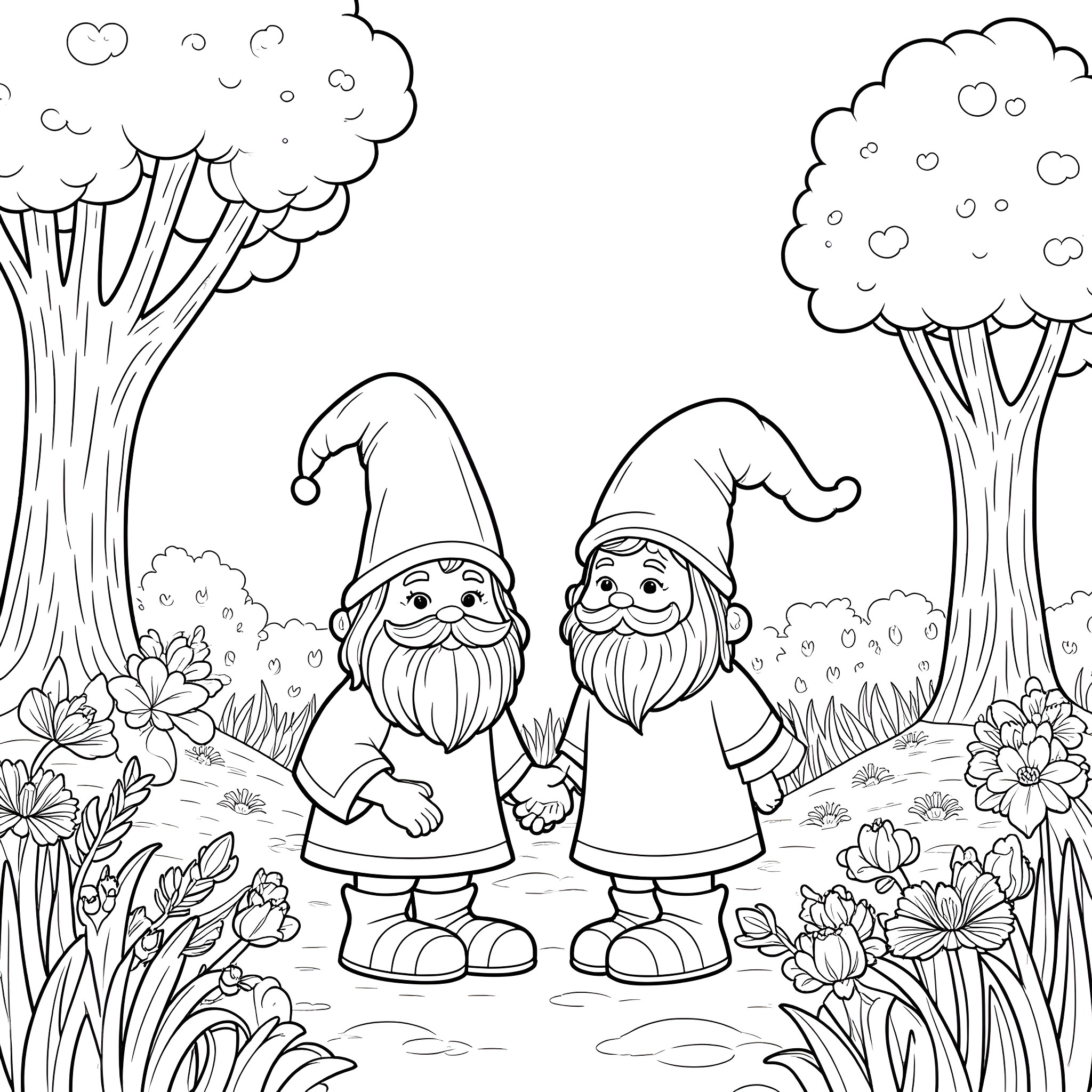 Gnome friends enjoying a day in the forest Coloring Page (free black-and-white line drawing printable PDF for all, from beginners to advanced learners, including children, teens, adults, and seniors)