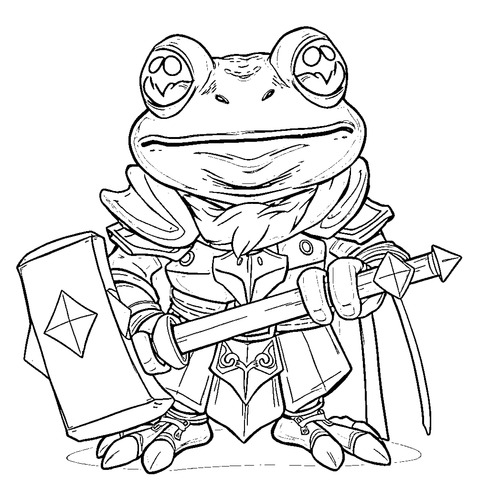 Tree Frog Adventurer with Sword and Shield Coloring Page (free black-and-white line drawing printable PDF for all, from beginners to advanced learners, including children, teens, adults, and seniors)
