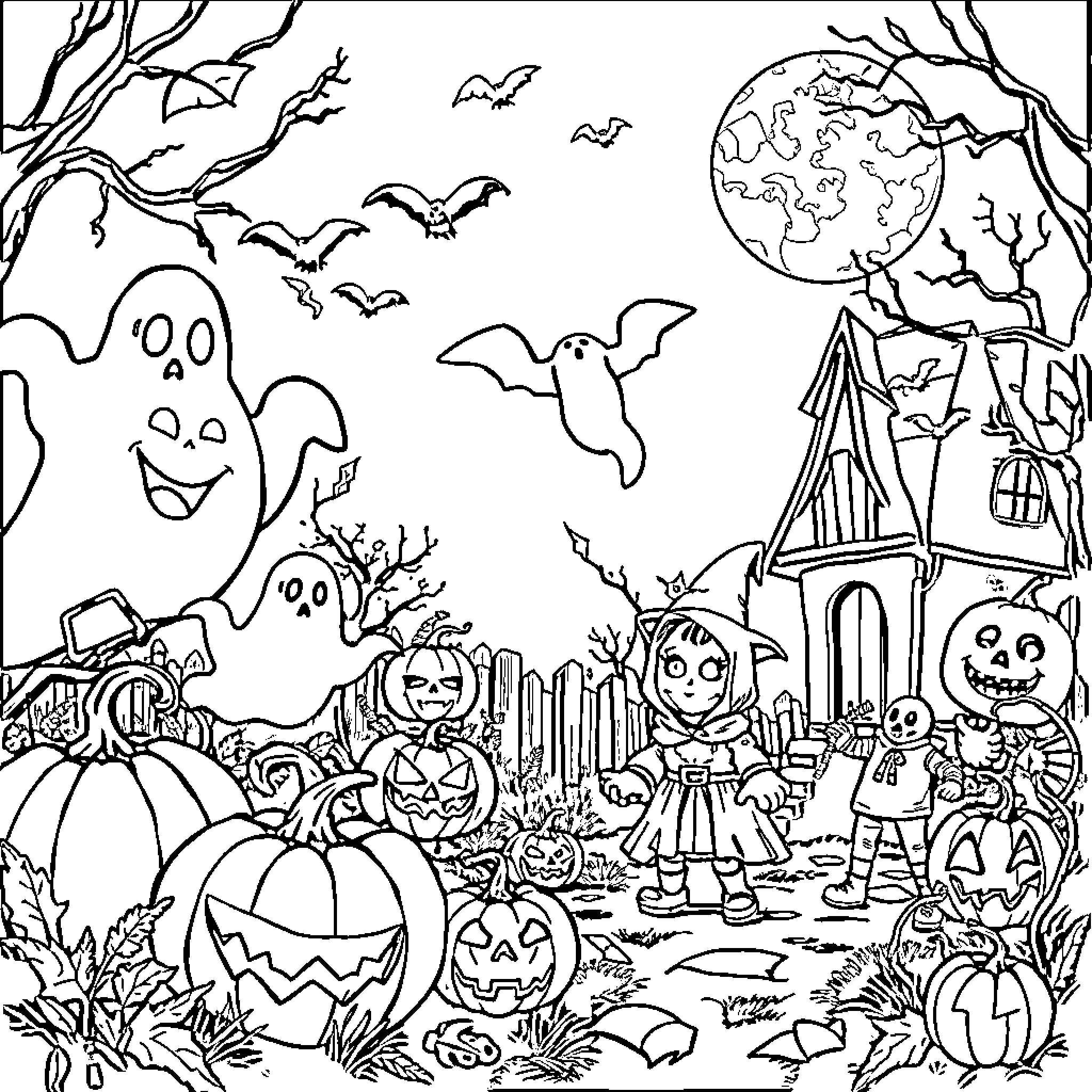 Halloween fun with ghostly friends and creepy characters Coloring Page (free black-and-white line drawing printable PDF for all, from beginners to advanced learners, including children, teens, adults, and seniors)