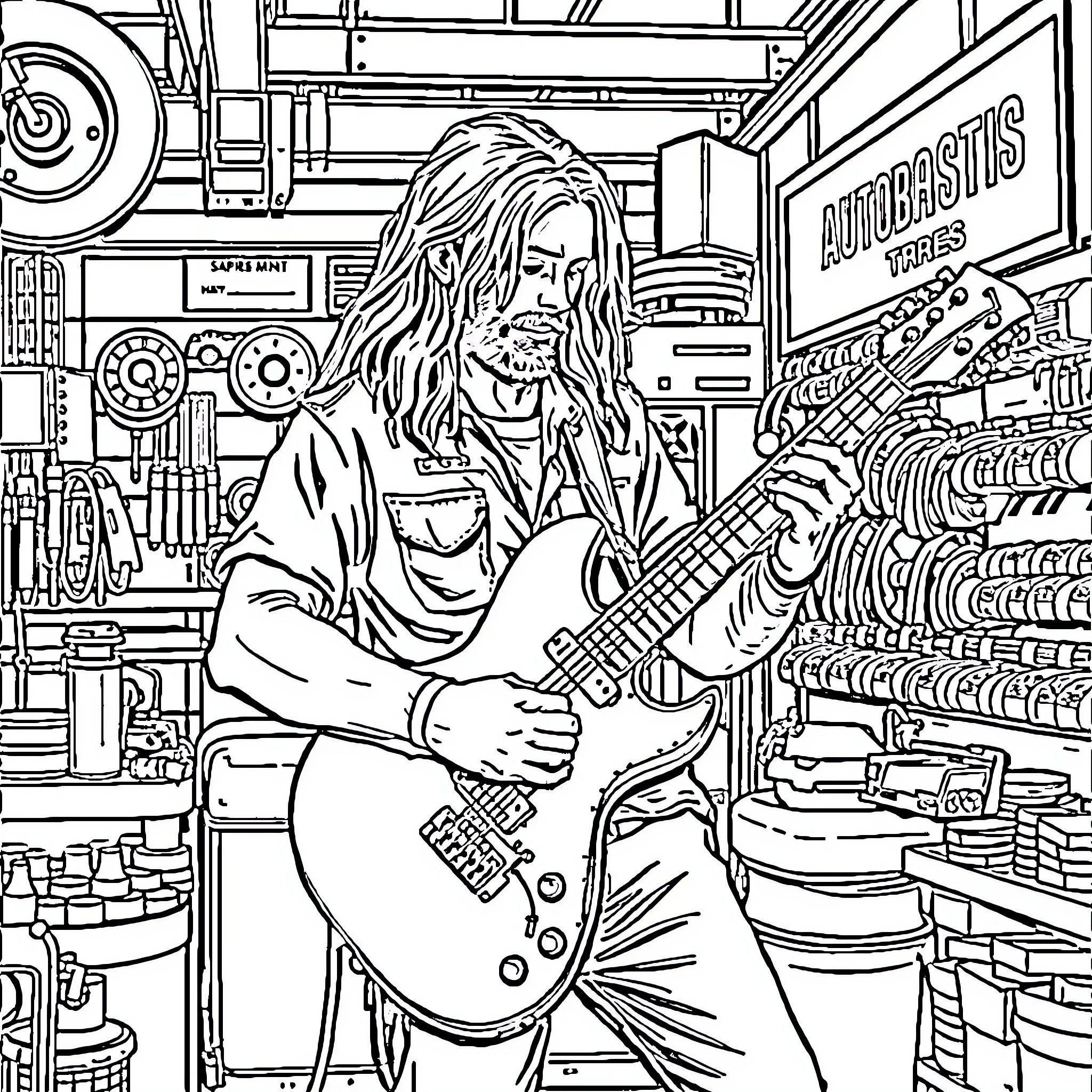 Guy playing electric guitar in music store Coloring Page (free black-and-white line drawing printable PDF for all, from beginners to advanced learners, including children, teens, adults, and seniors)