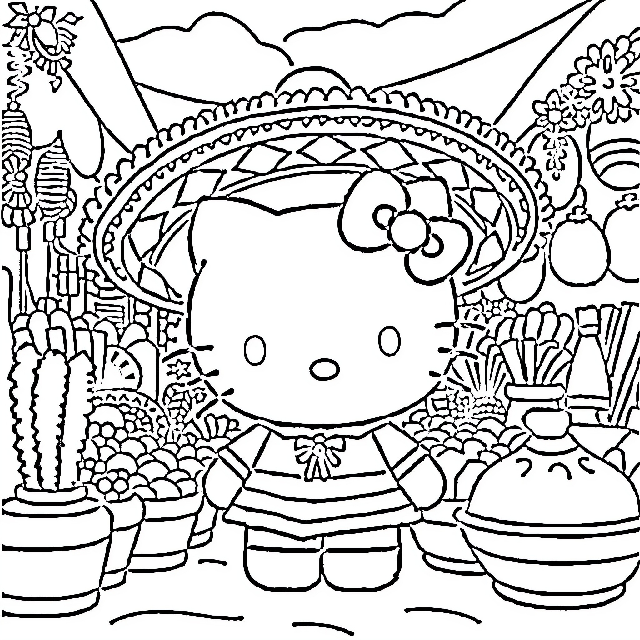 Hello Kitty in a Vibrant Mexican-Inspired Scene Coloring Page (free black-and-white line drawing printable PDF for all, from beginners to advanced learners, including children, teens, adults, and seniors)