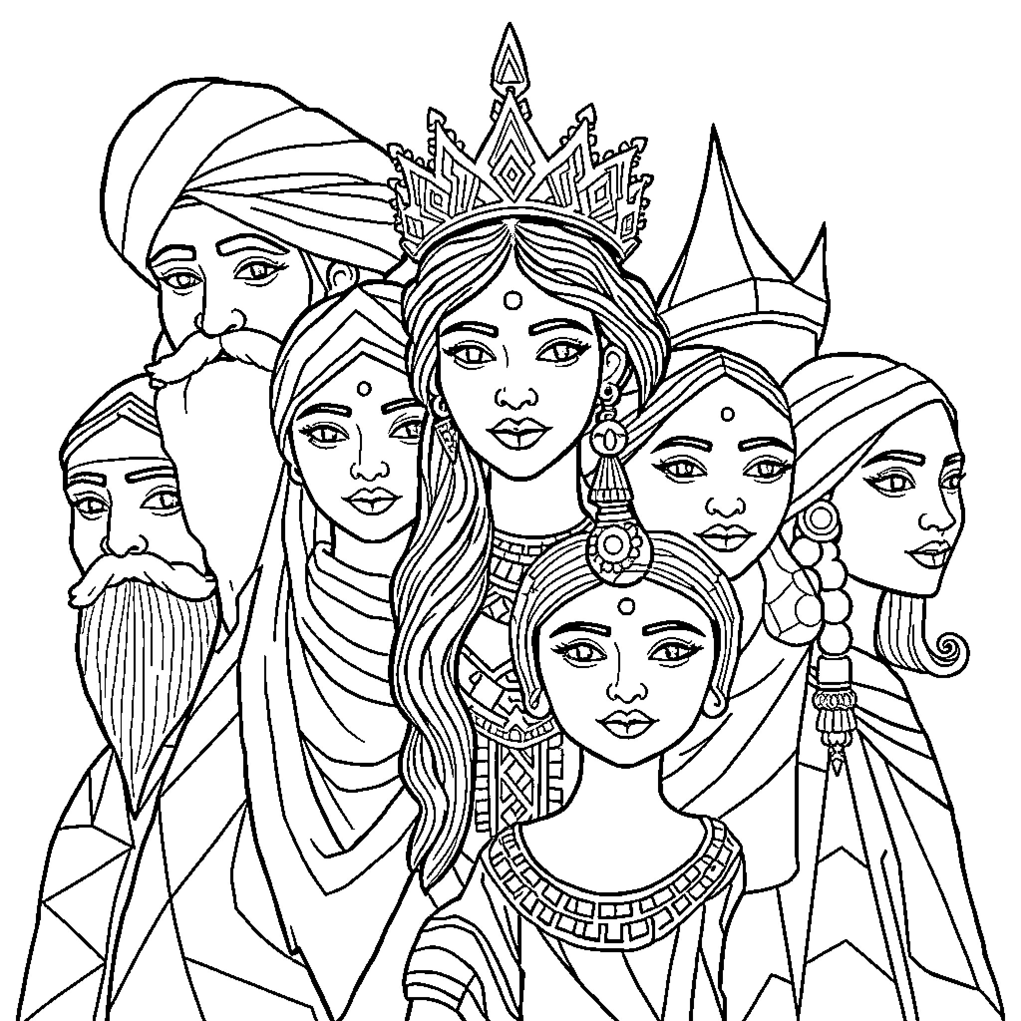 Person in traditional Middle Eastern attire and accessories Coloring Page (free black-and-white line drawing printable PDF for all, from beginners to advanced learners, including children, teens, adults, and seniors)