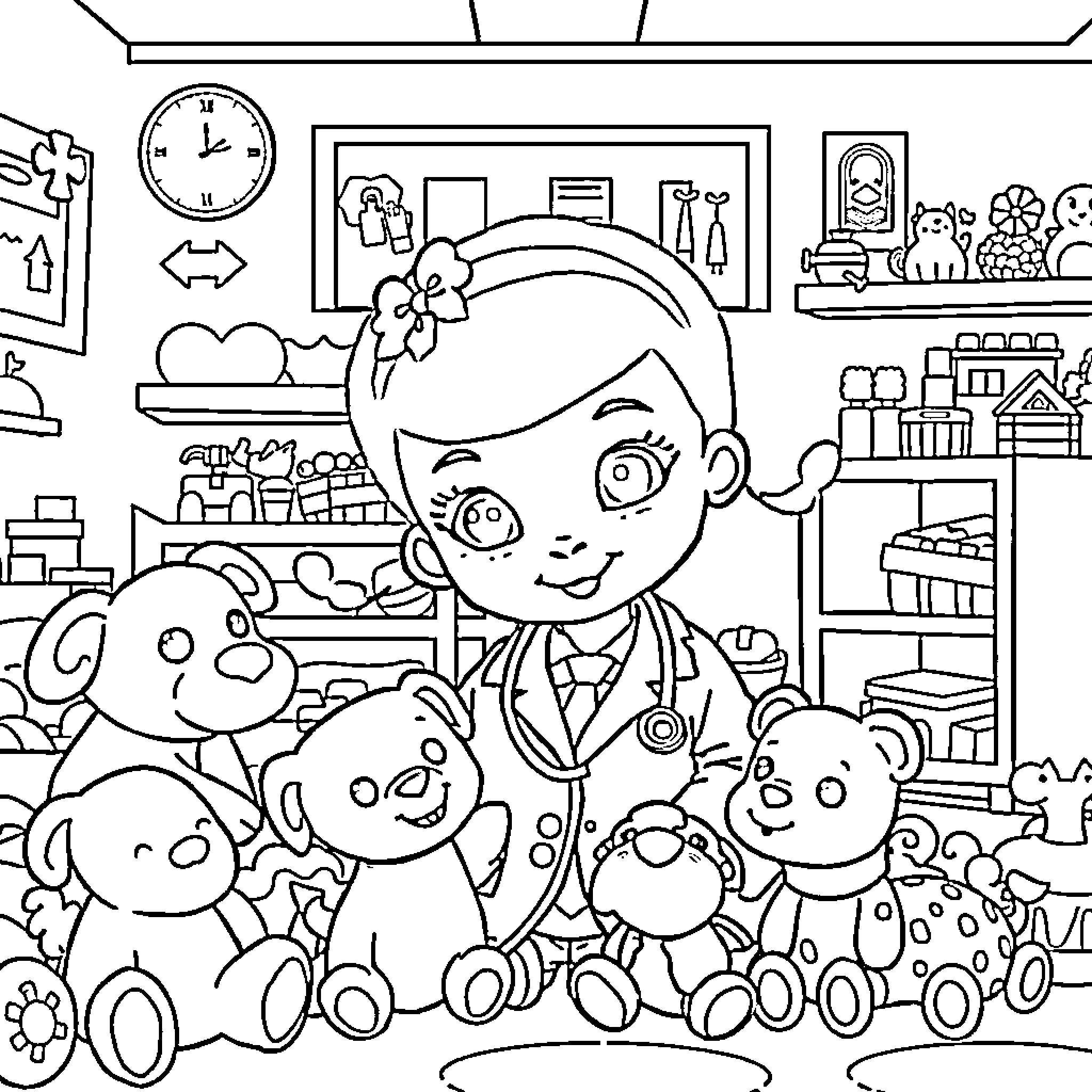Doc McStuffins caring for her toy friends in the clinic Coloring Page (free black-and-white line drawing printable PDF for all, from beginners to advanced learners, including children, teens, adults, and seniors)