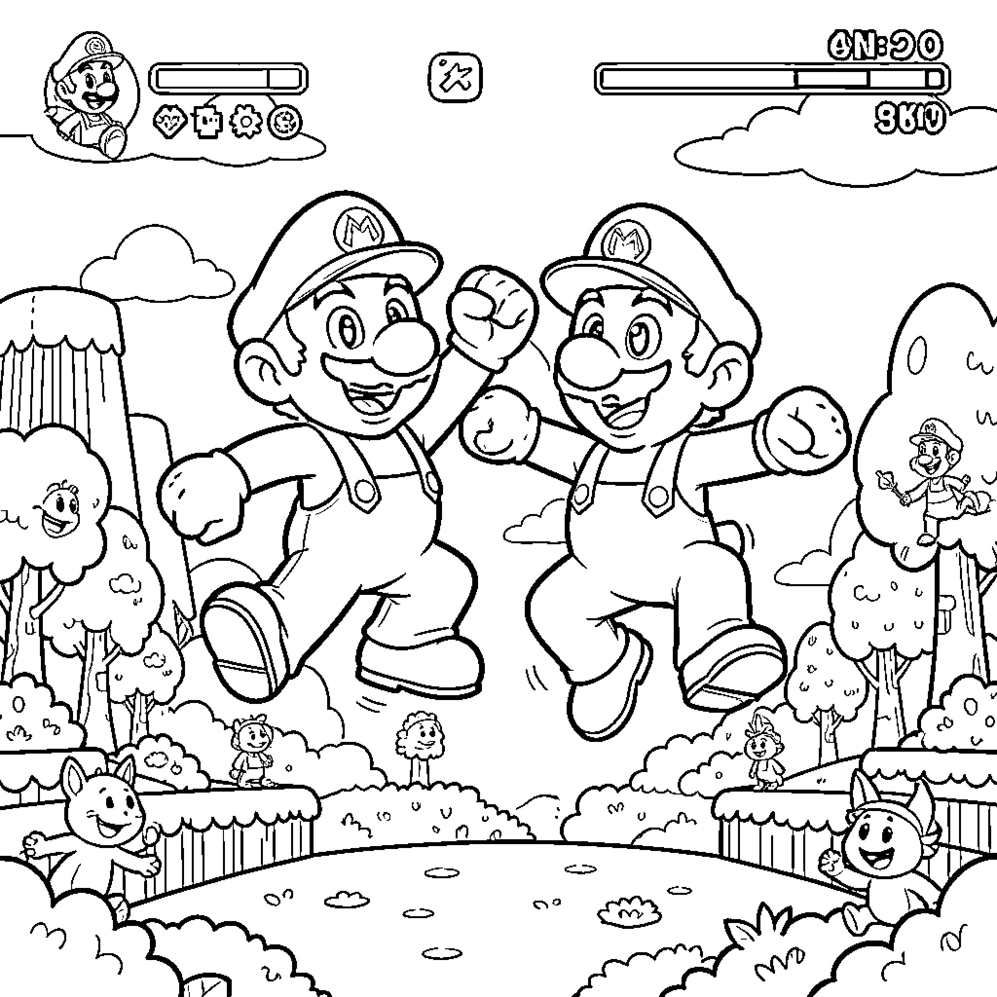 Mario and Luigi jumping happily in a whimsical landscape Coloring Page (free black-and-white line drawing printable PDF for all, from beginners to advanced learners, including children, teens, adults, and seniors)